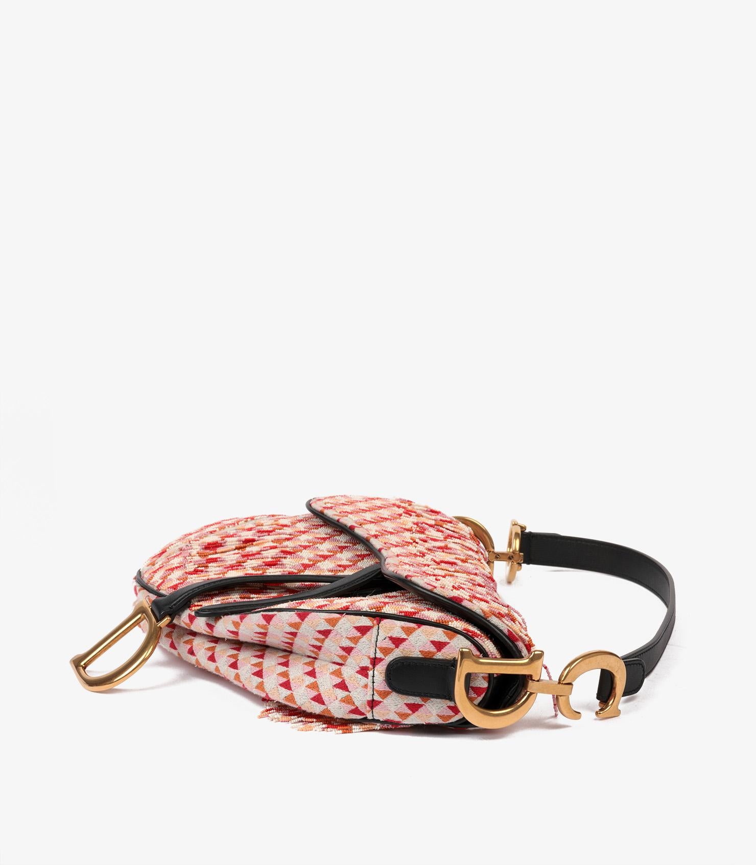 Christian Dior White, Lilac, Red, Orange Beaded Saddle Bag with Shoulder Strap In Excellent Condition In Bishop's Stortford, Hertfordshire