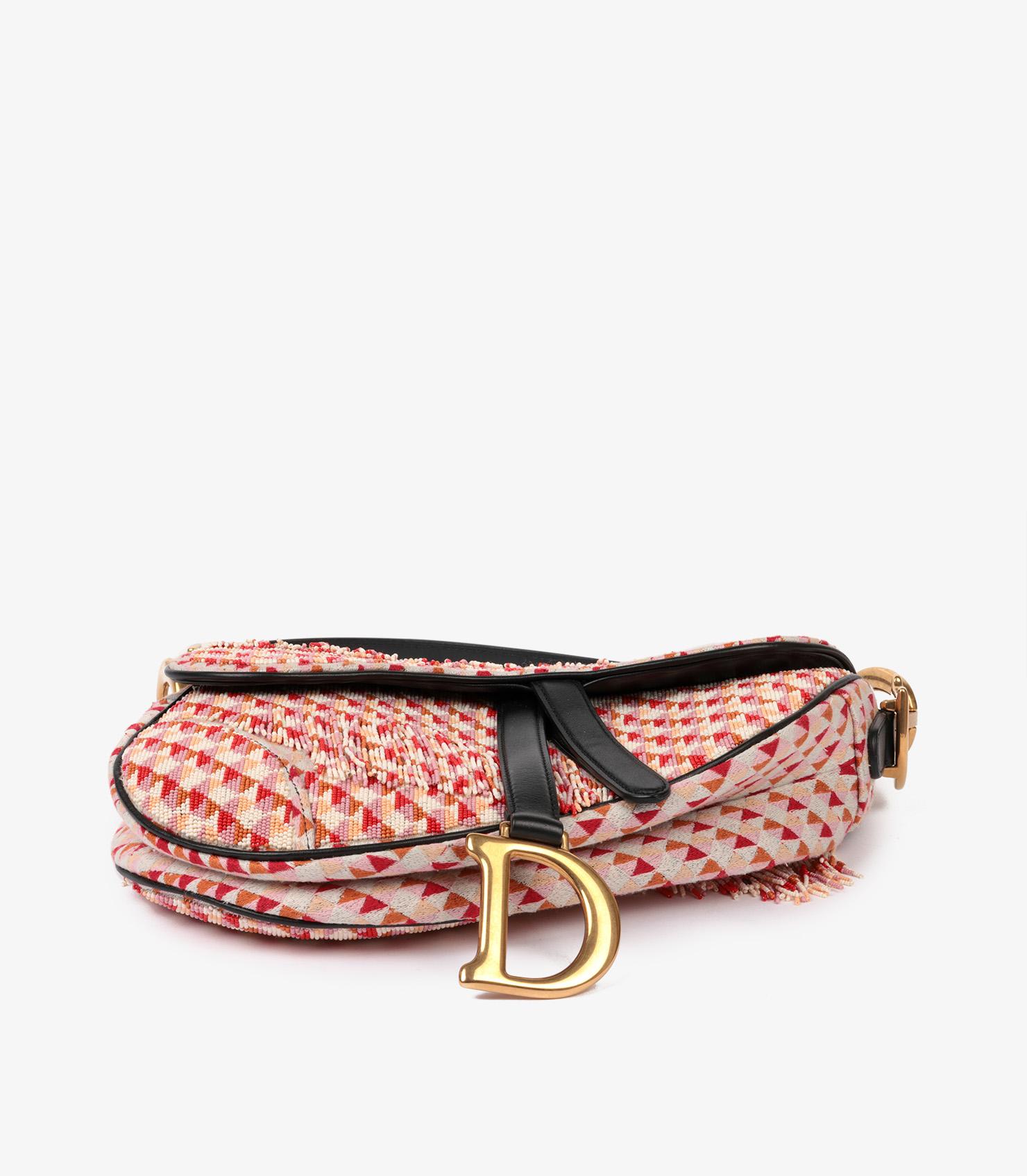 Christian Dior White, Lilac, Red, Orange Beaded Saddle Bag with Shoulder Strap 2