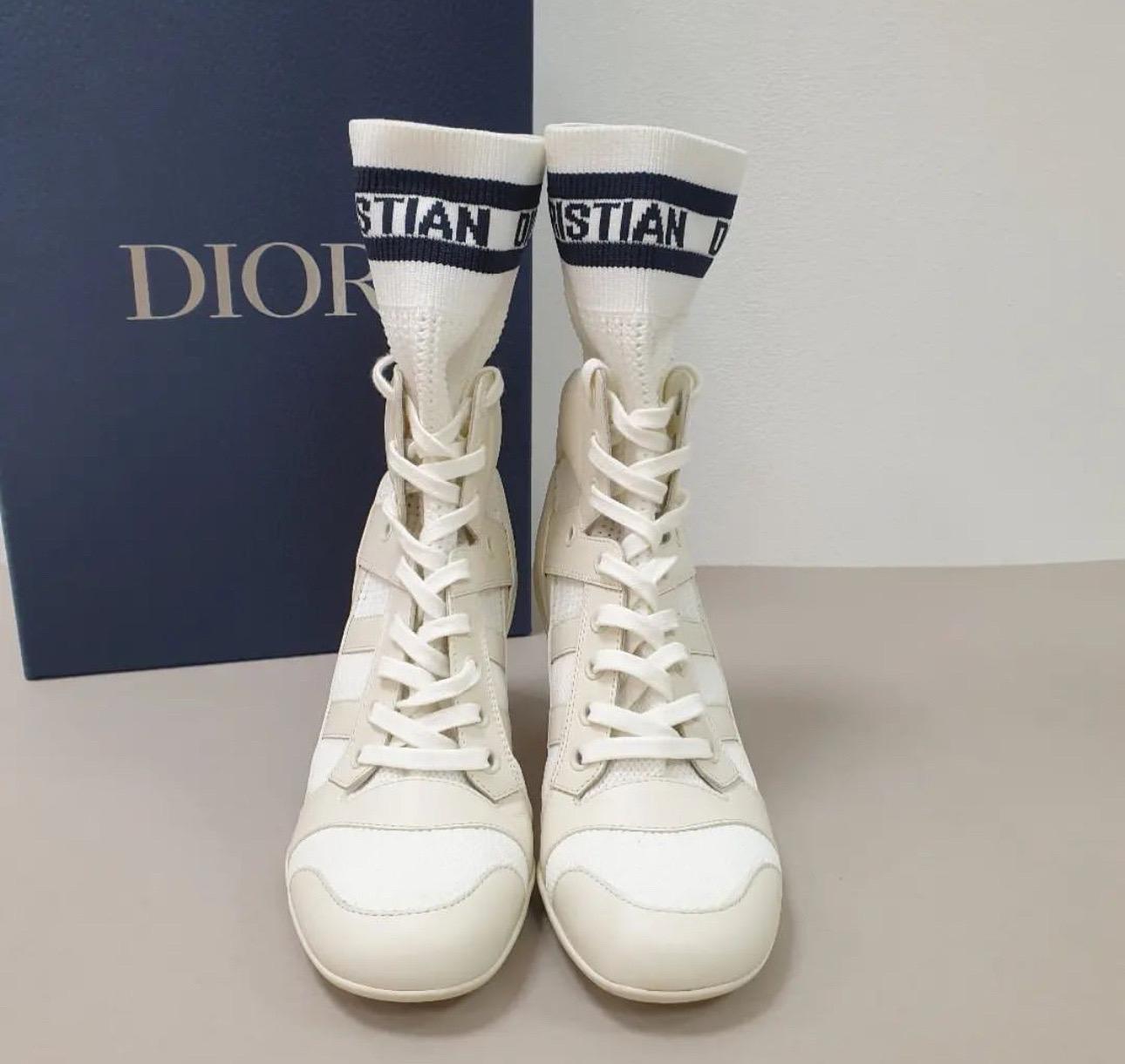 Christian Dior White Logo Lace-Up Sock Boots In Good Condition For Sale In Krakow, PL