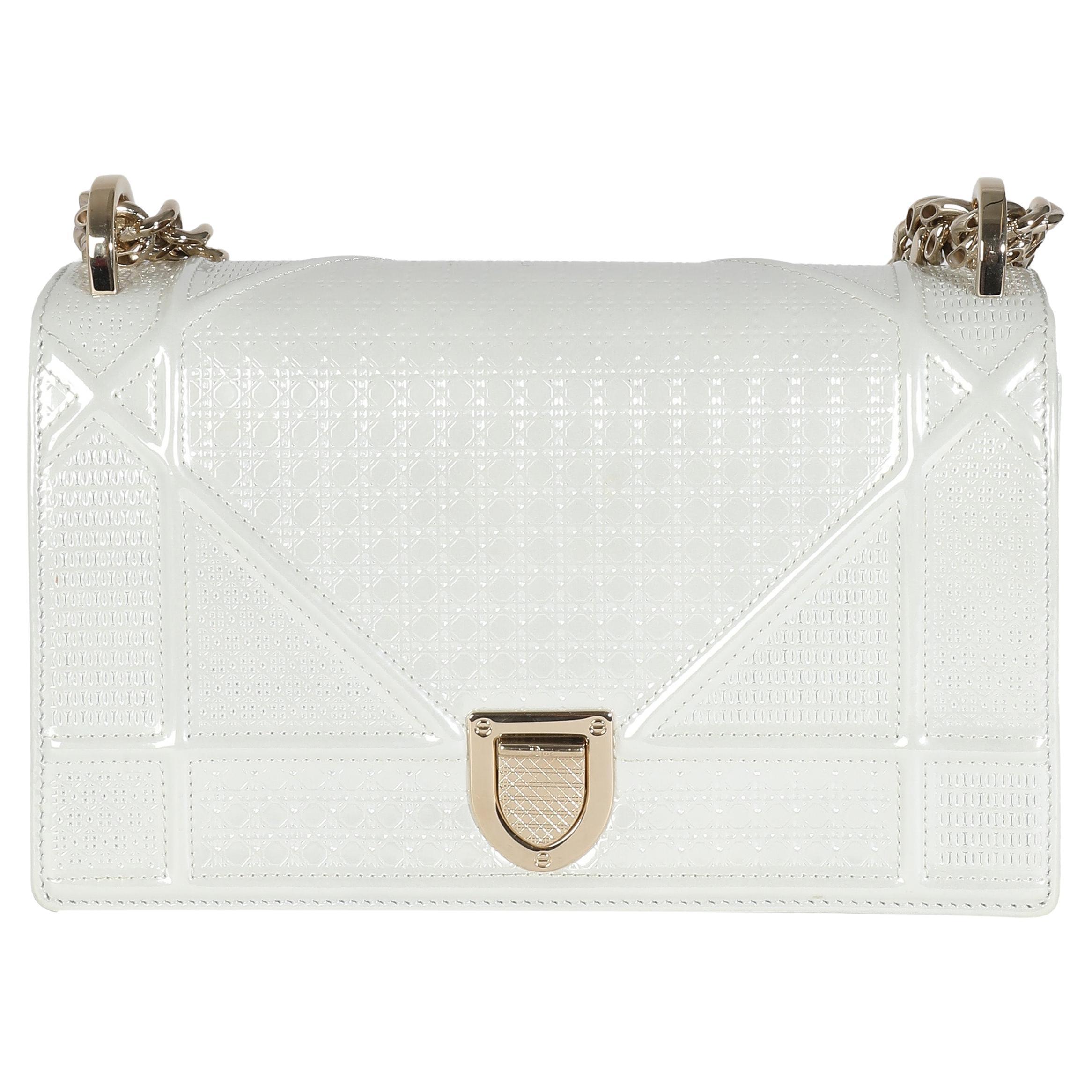 Christian Dior White Micro Cannage Patent Small Diorama Flap Bag For Sale