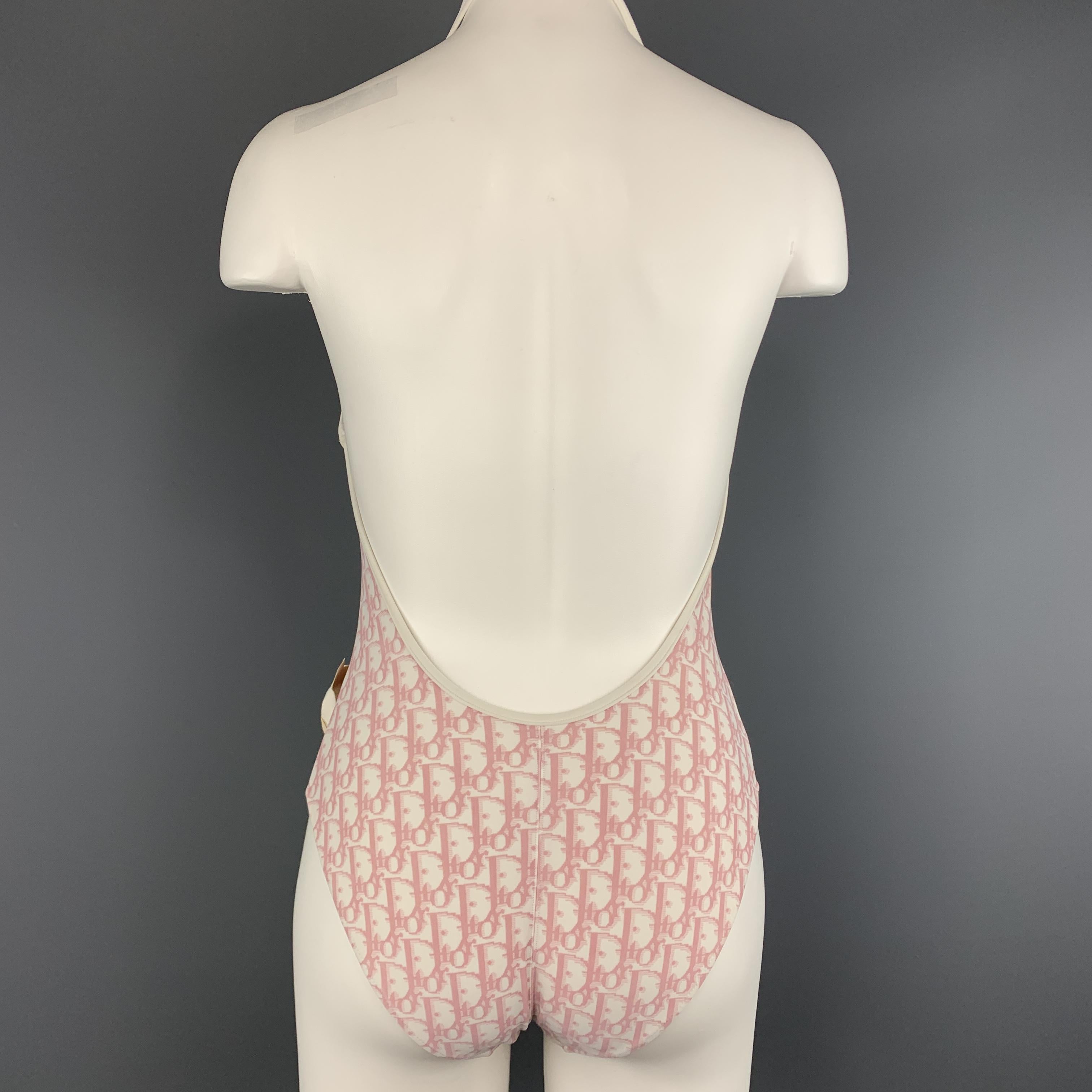 CHRISTIAN DIOR White & Pink Diorissimo Leotard One Piece Bathing Suit In Excellent Condition In San Francisco, CA