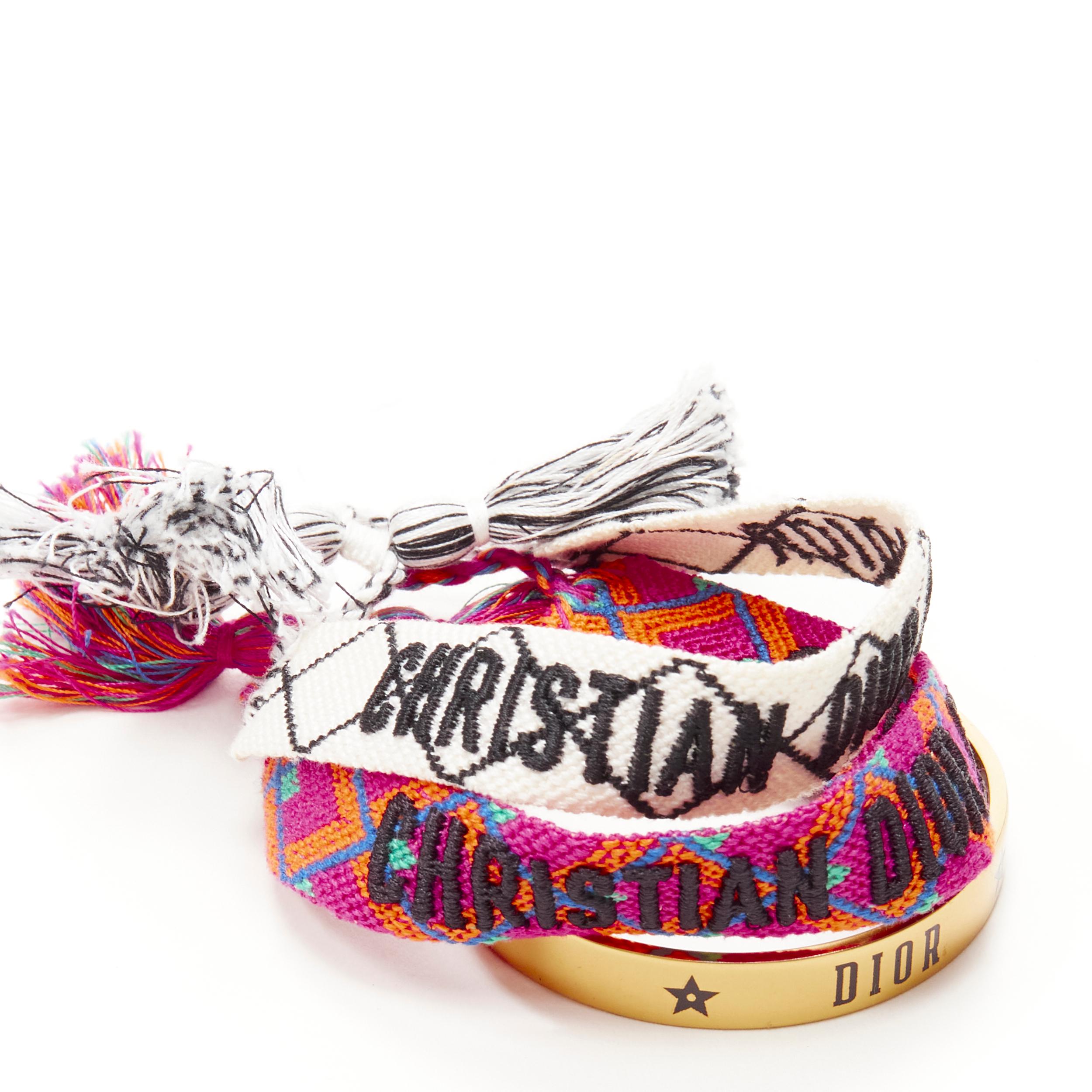 CHRISTIAN DIOR white pink ethnic J'Adior woven friendship bracelet gold cuff 
Reference: ANWU/A00162 
Brand: Christian Dior 
Material: Fabric 
Color: Gold 
Pattern: Multi 
Extra Detail: Signature Friendship woven bracelet with J'adior Christian Dior