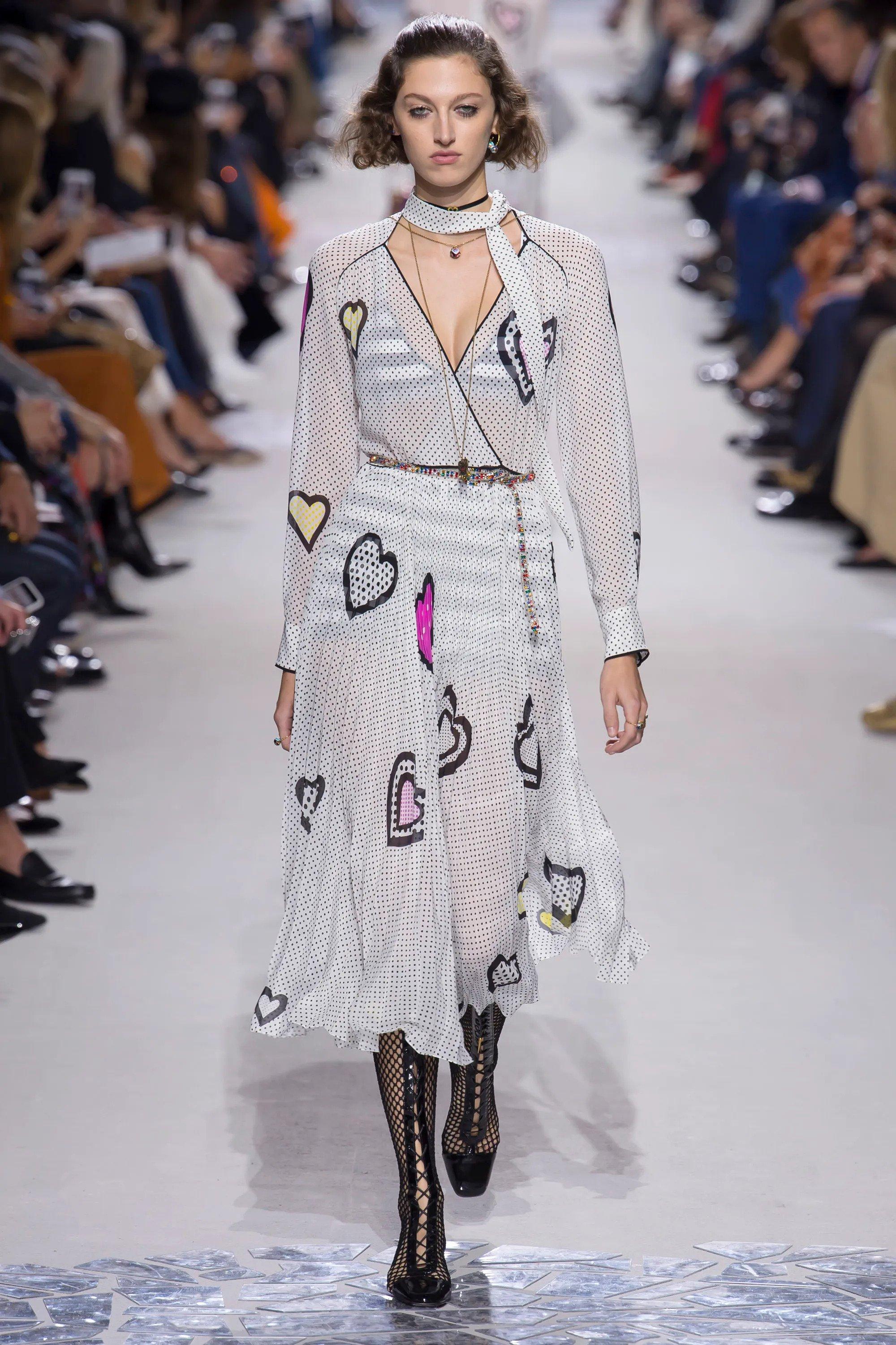 CHRISTIAN DIOR white silk 2018 HEART POLKA DOT MIDI Dress S 3