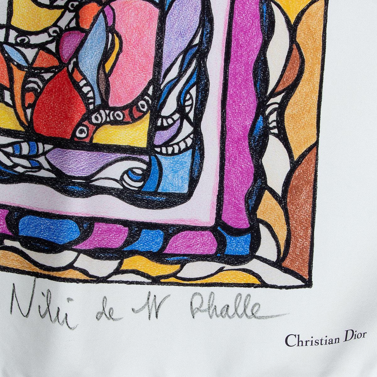 Christian Dior 'Strength' Niki de St. Phalle Schal mit Druck in cremefarbener:: schwarzer:: blauer:: beiger:: heller:: lila:: fliederfarbener:: roter:: oranger:: brauner:: olivgrüner:: salbeifarbener:: rosa und gelber Seide. Wurde getragen und ist