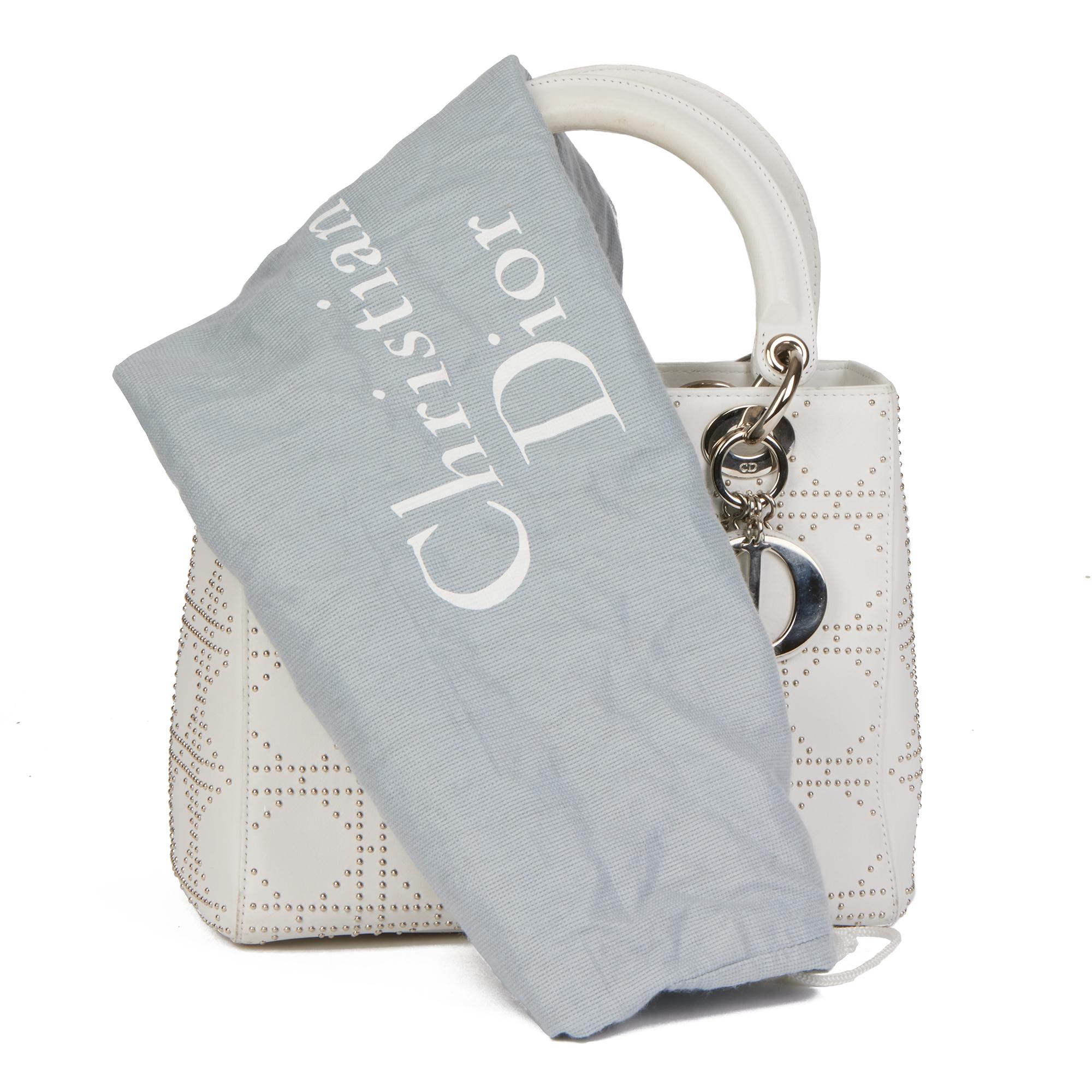 CHRISTIAN DIOR White Studded Calfskin Leather Medium Lady Dior For Sale 6