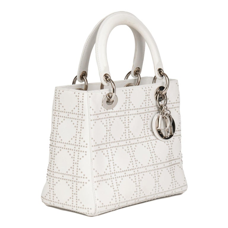 CHRISTIAN DIOR White Studded Calfskin Leather Medium Lady Dior For Sale at  1stDibs