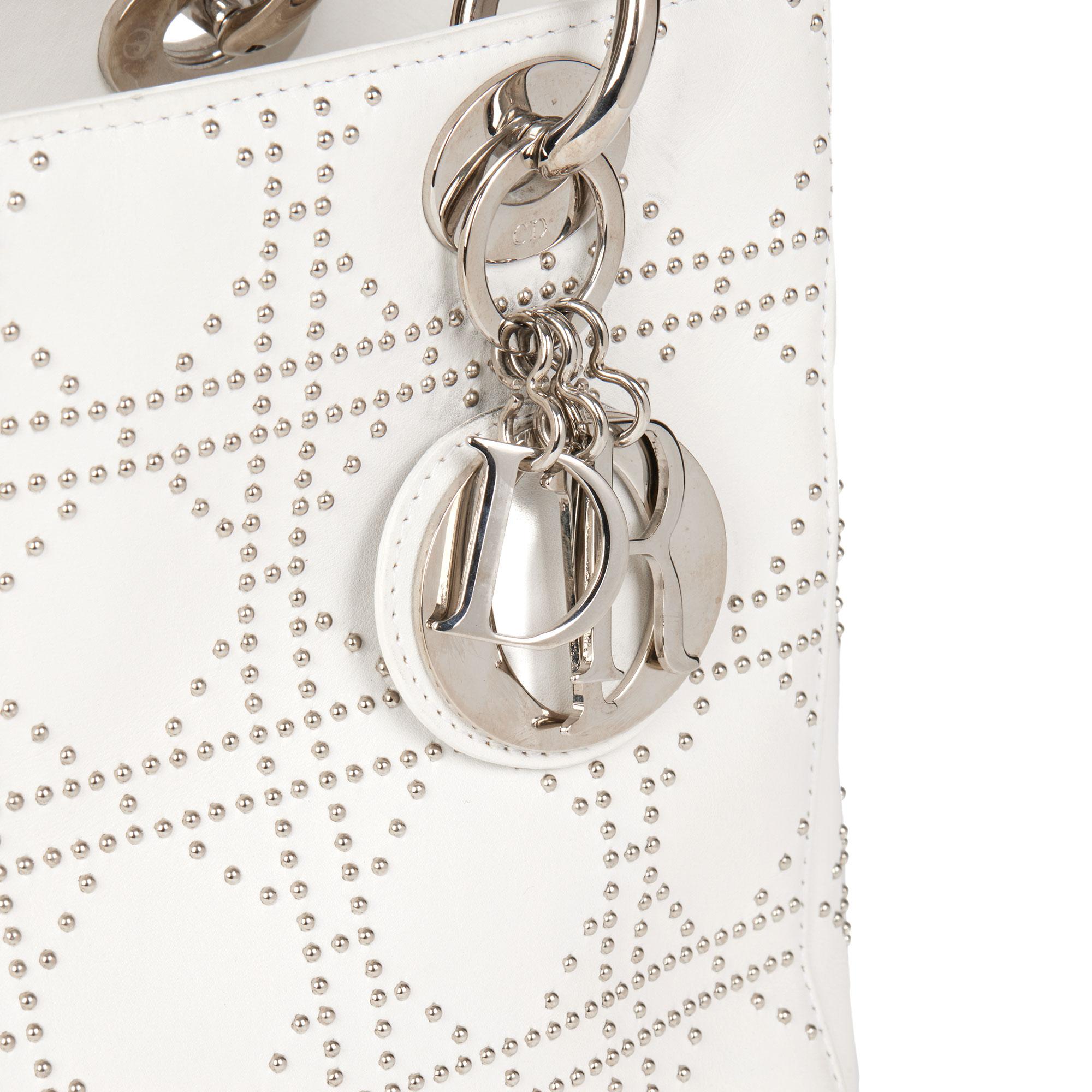 Women's CHRISTIAN DIOR White Studded Calfskin Leather Medium Lady Dior