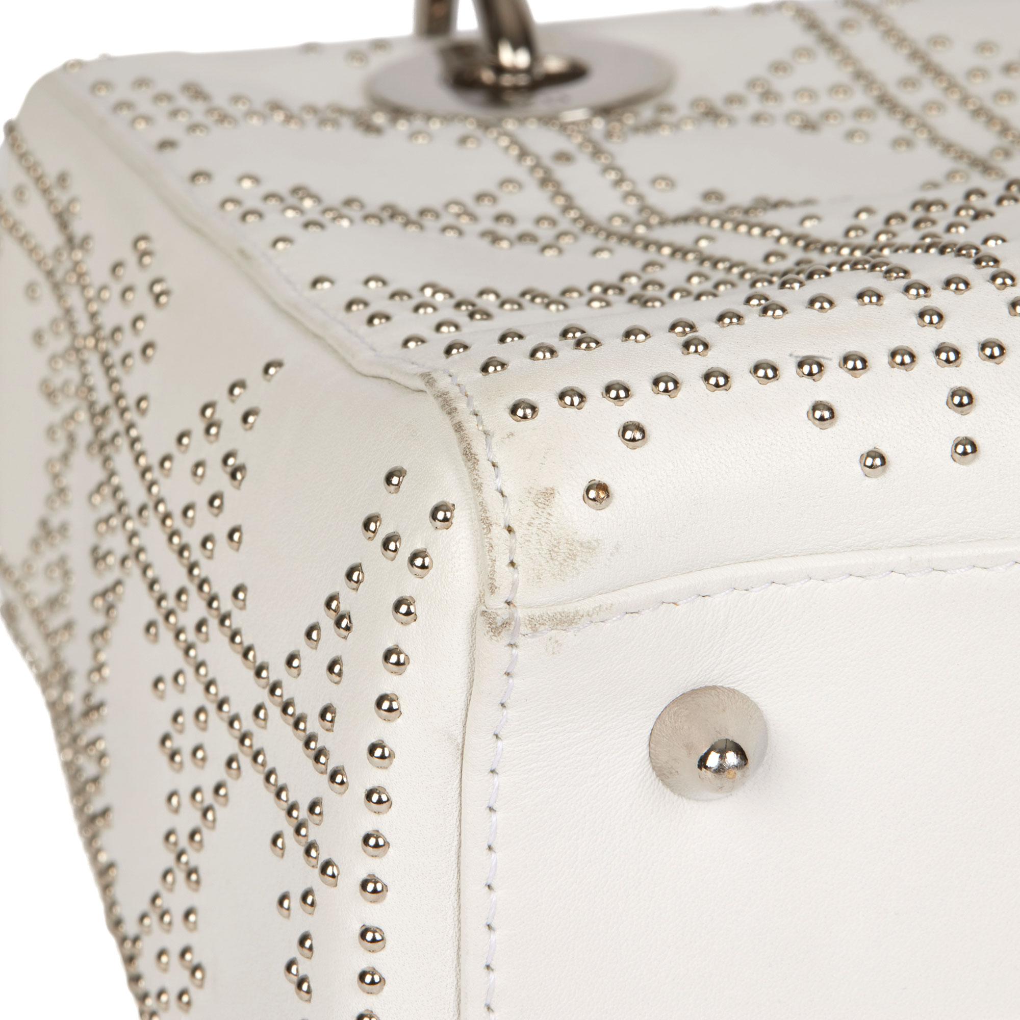 CHRISTIAN DIOR White Studded Calfskin Leather Medium Lady Dior For Sale 2