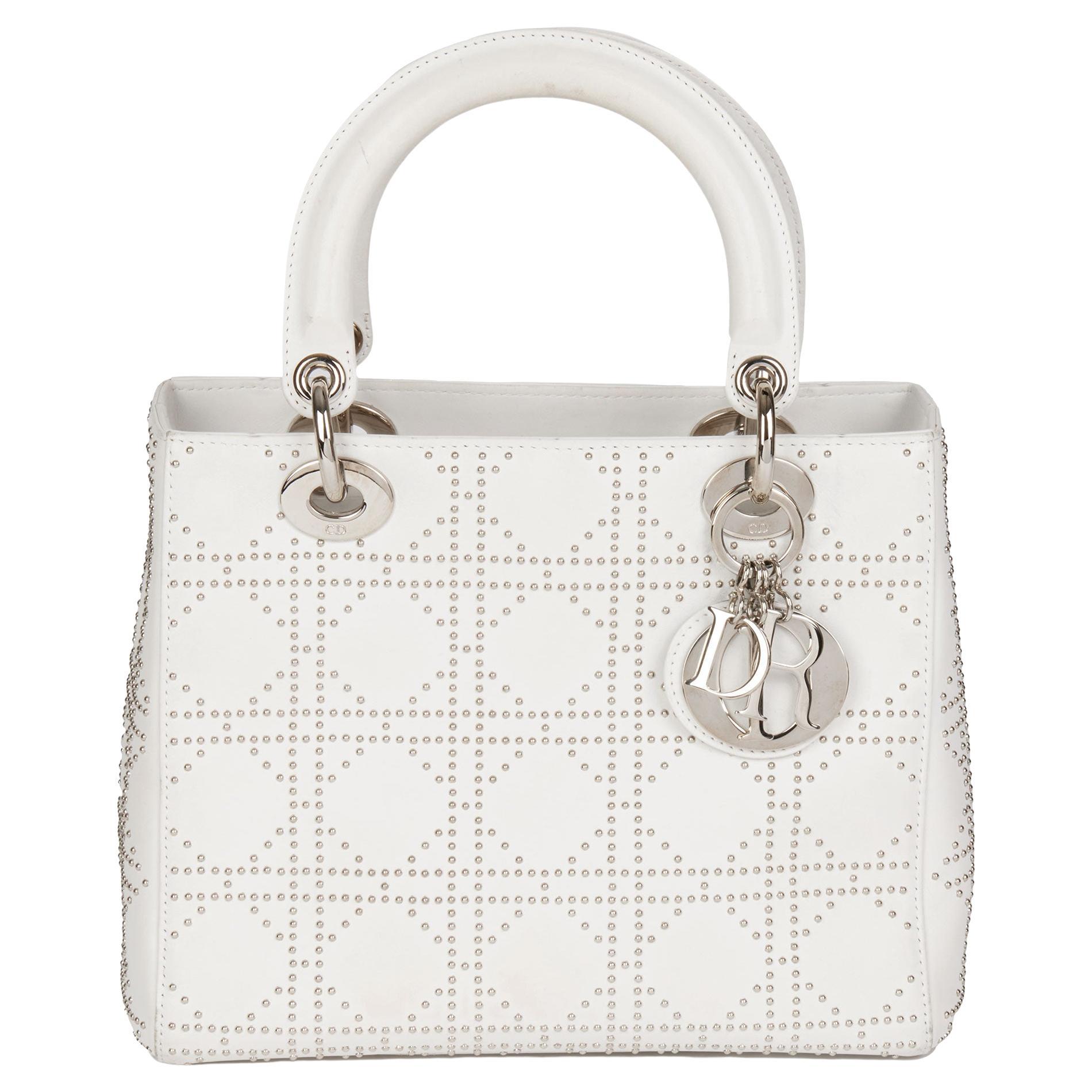 CHRISTIAN DIOR White Studded Calfskin Leather Medium Lady Dior