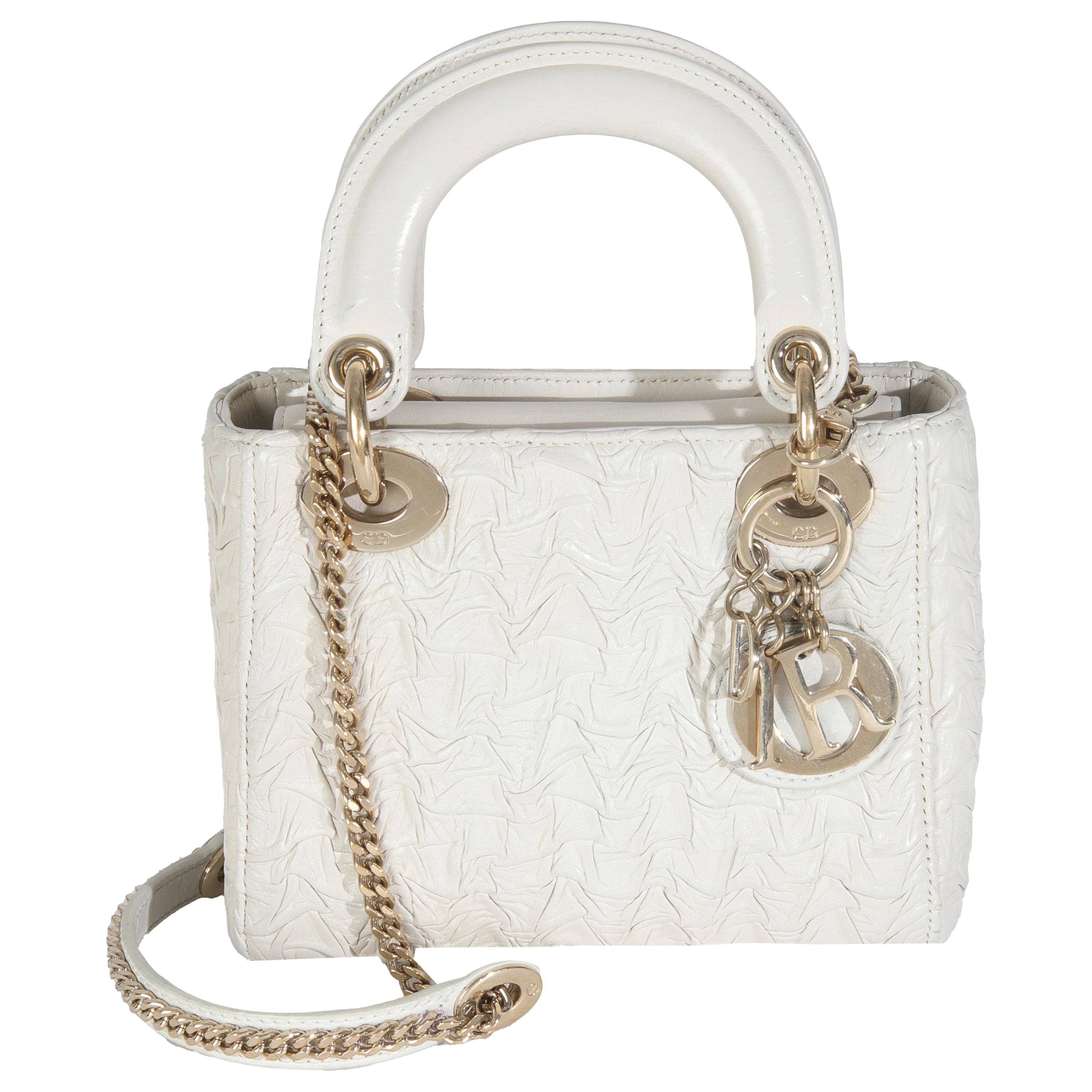 Christian Dior Blanco Piel de becerro texturizada Mini Lady Dior en venta