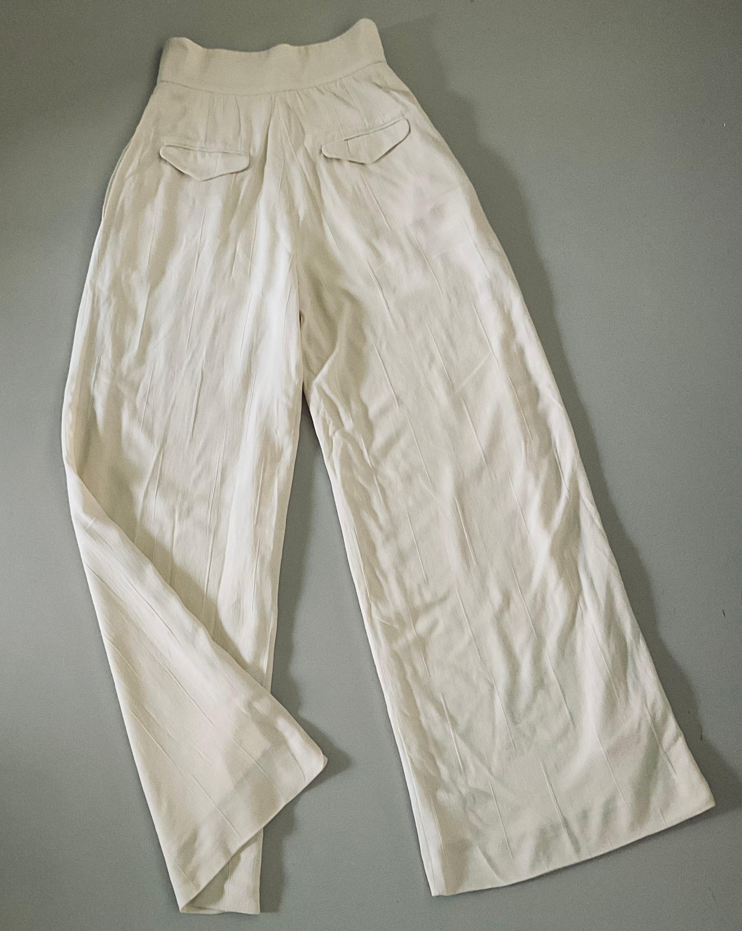 Christian Dior Pantalon large Soie Laine Blanc cassé Beige 1990 Excellent état - En vente à 'S-HERTOGENBOSCH, NL