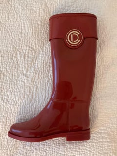 Christian Dior Woman Red Patent Trim Rubber Rain Boot Gold Logo Boots