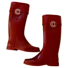 Christian Dior Woman Red Patent Trim Rubber Rain Boot Gold Logo Boots