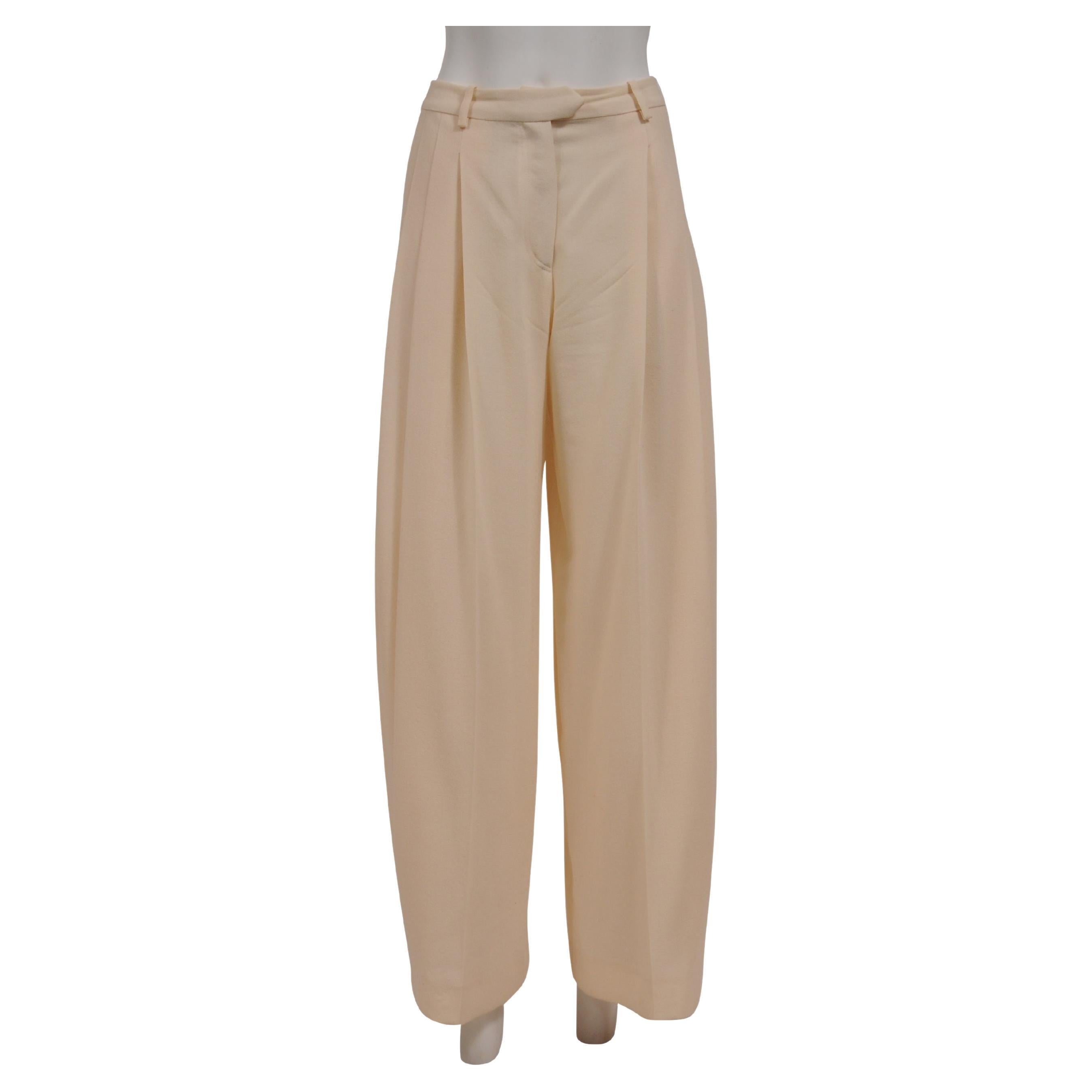 Christian Dior Women Wide Leg Pants Sz US 12 Cream Tan Wool High Waist Trousers