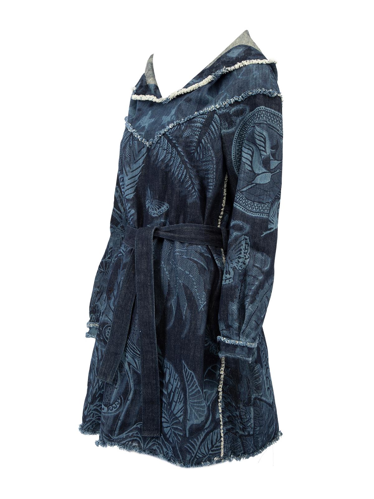 Christian Dior Women's Blue Patterned Denim Dress with Hood and Waist Belt 1