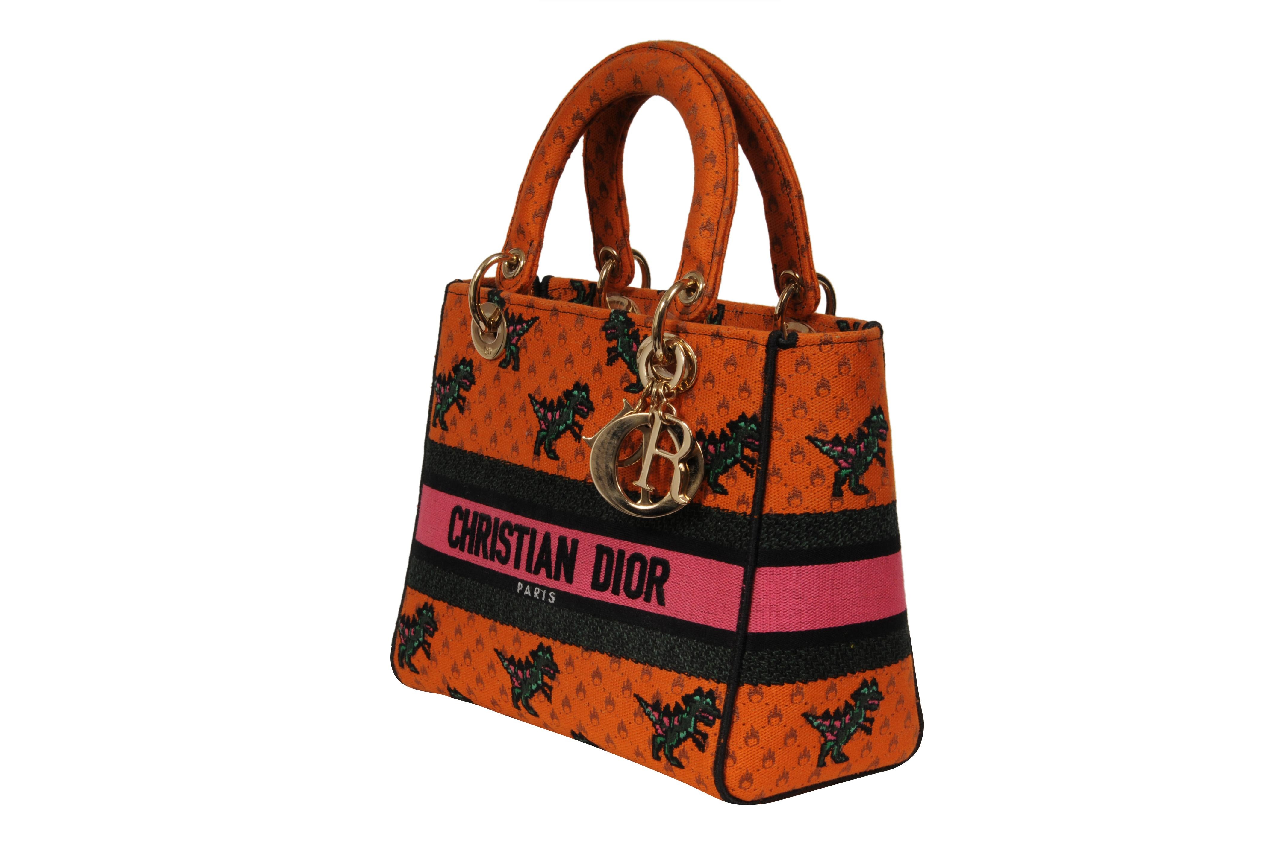 Christian Dior Bolso de hombro Dino Medium Lady D-Lite bordado para mujer Naranja en venta 5