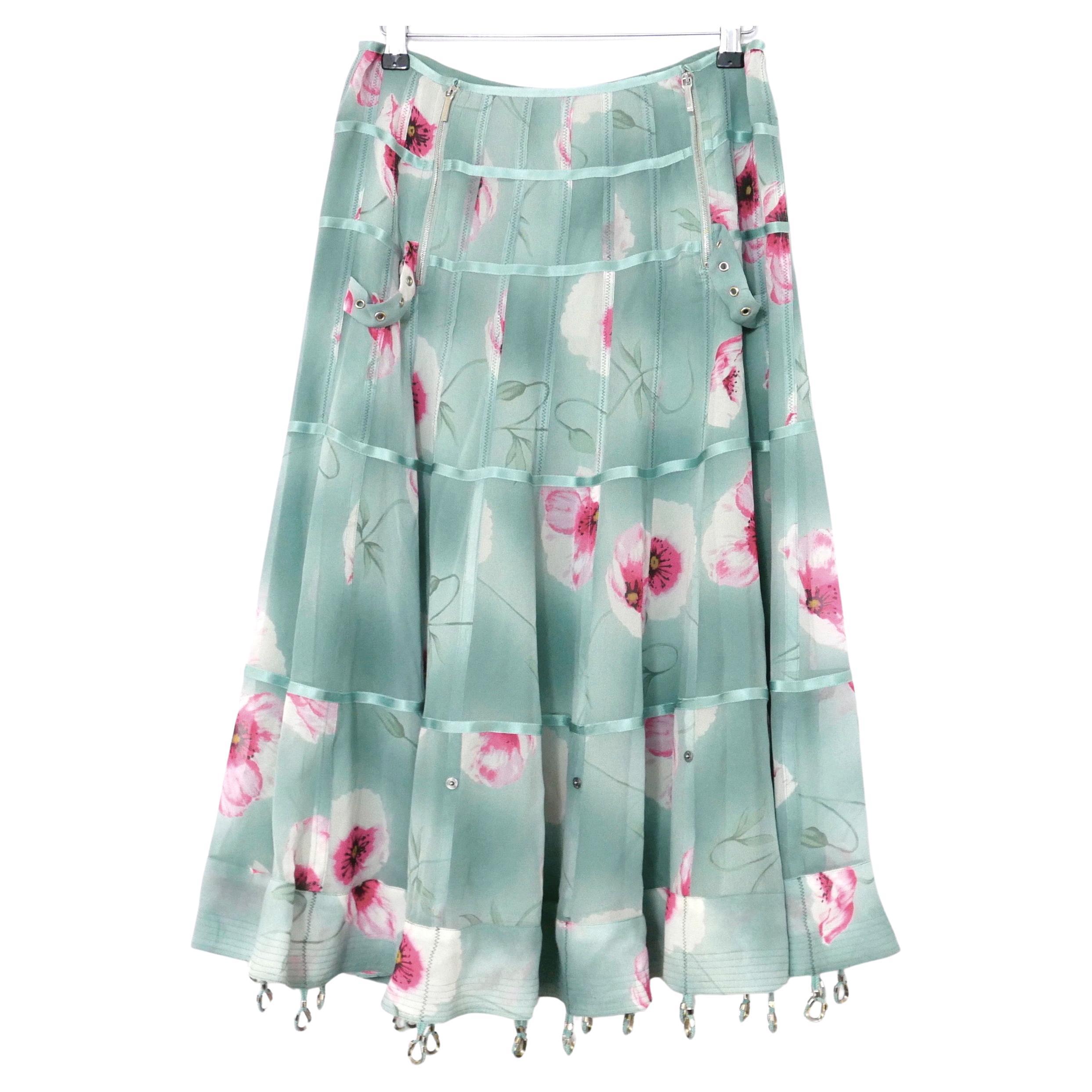 Christian Dior x Galliano 2003 Floral Silk Hardware Trimmed Maxi Skirt For Sale
