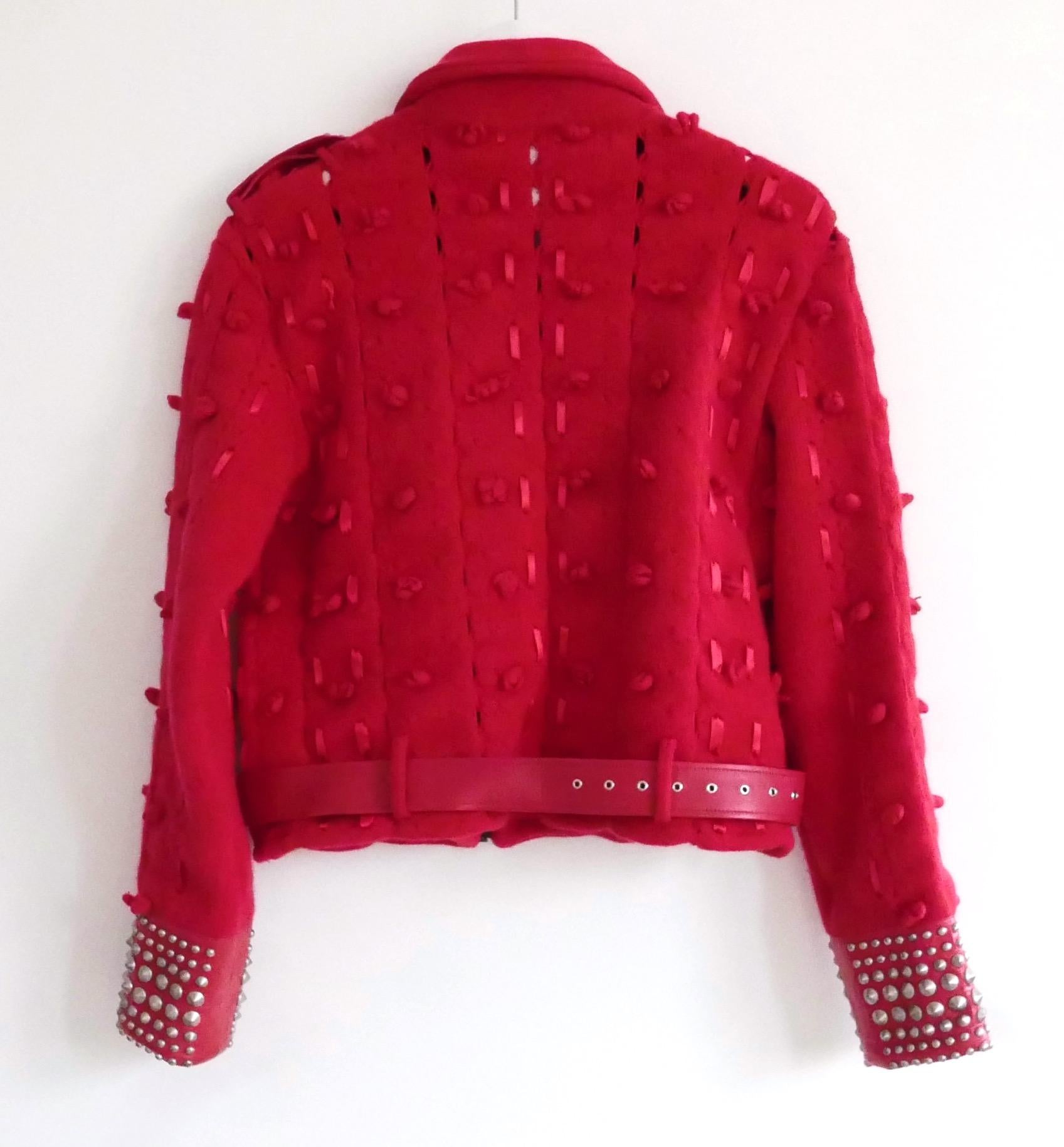 Christian Dior x Galliano AW04 Red Wool & Studded Leather Biker Jacket For Sale 2