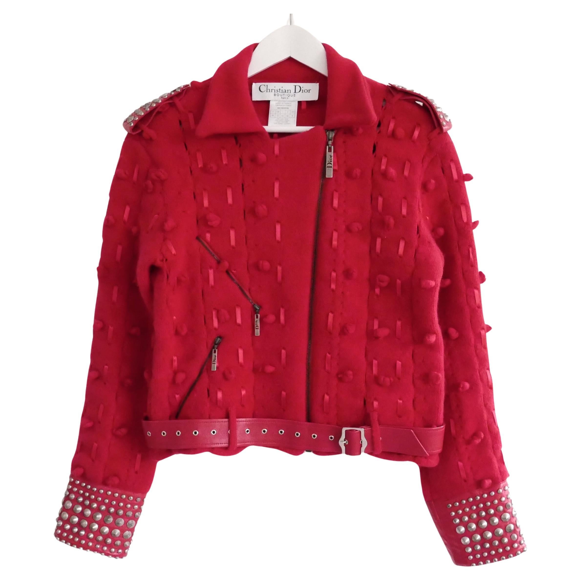 Christian Dior x Galliano AW04 Red Wool & Studded Leather Biker Jacket For Sale