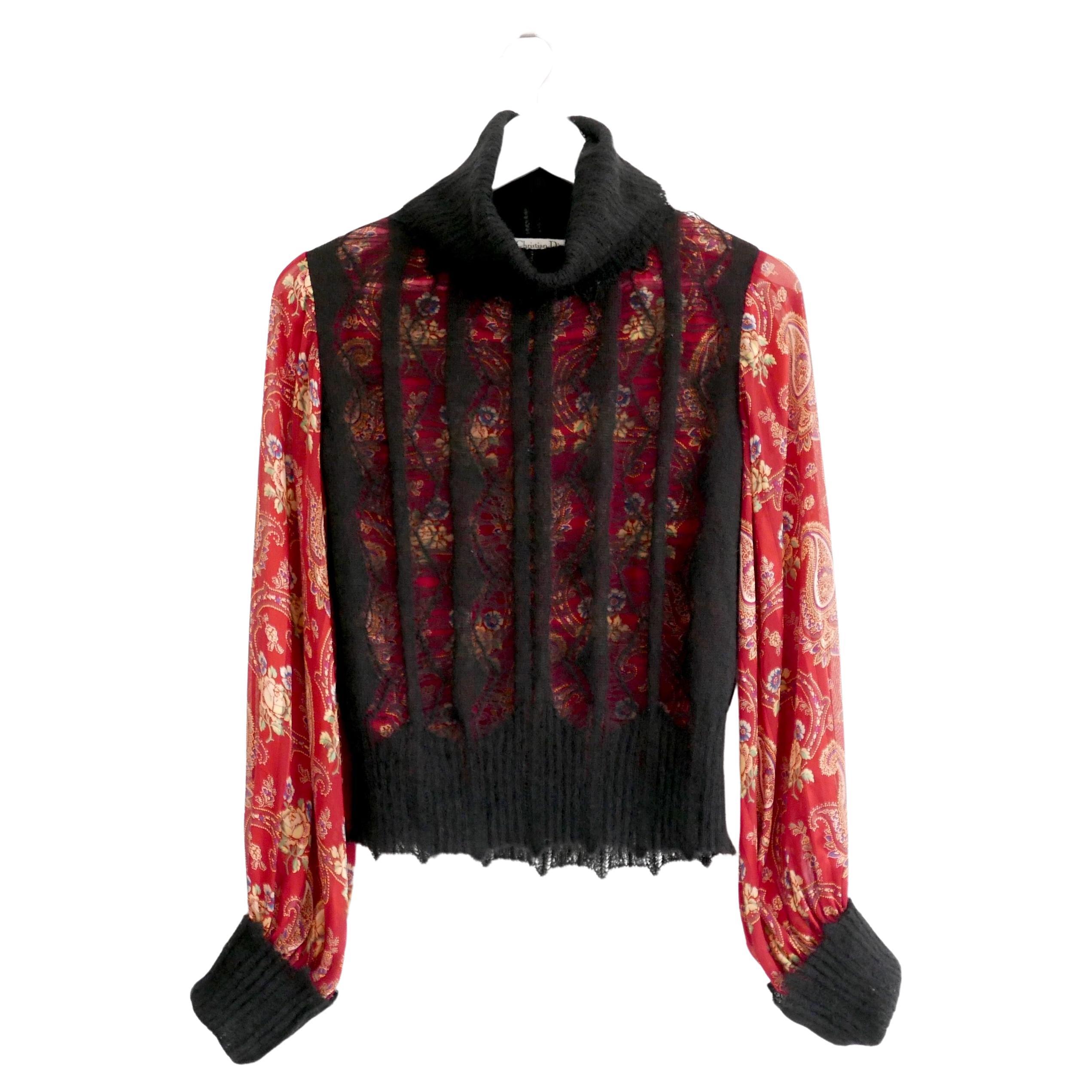 Christian Dior x John Galliano Fall 2002 Silk & Knit Blouse Top For Sale