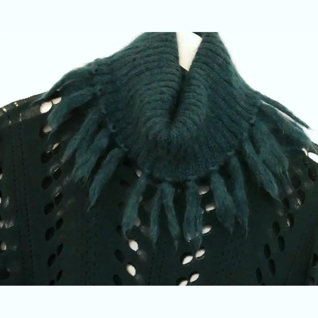 Absolutely stunning Christian Dior vintage lightweight sweater from John Galliano's Fall 2009 collection. unworn. Made from forest green cotton and mohair mix with a ladder textured knit. It has fluffy fringed roll neck and over long sleeves with