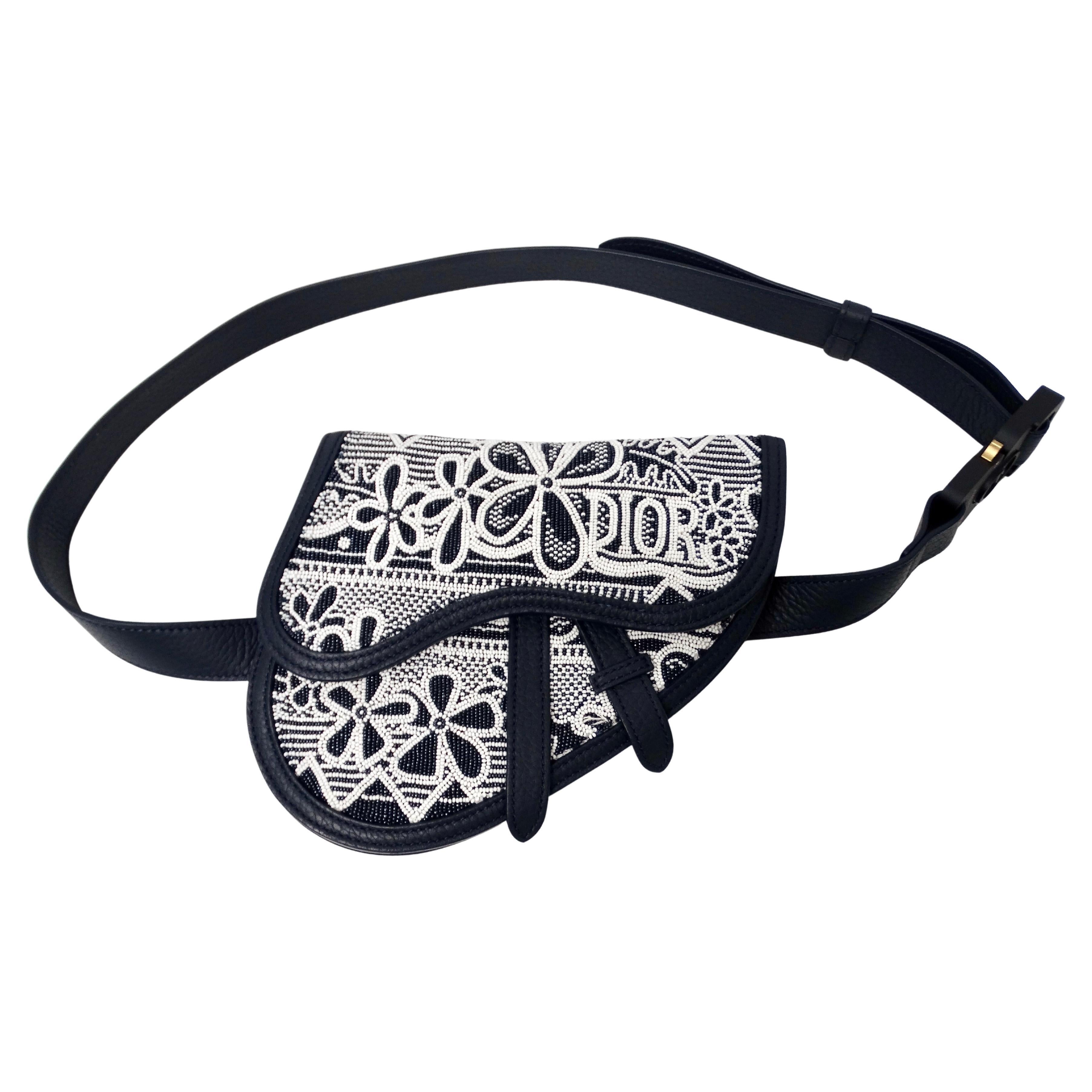 Black Christian Dior x Shawn Stussy Navy Beaded Grained Calfskin Saddle Belt Bag For Sale