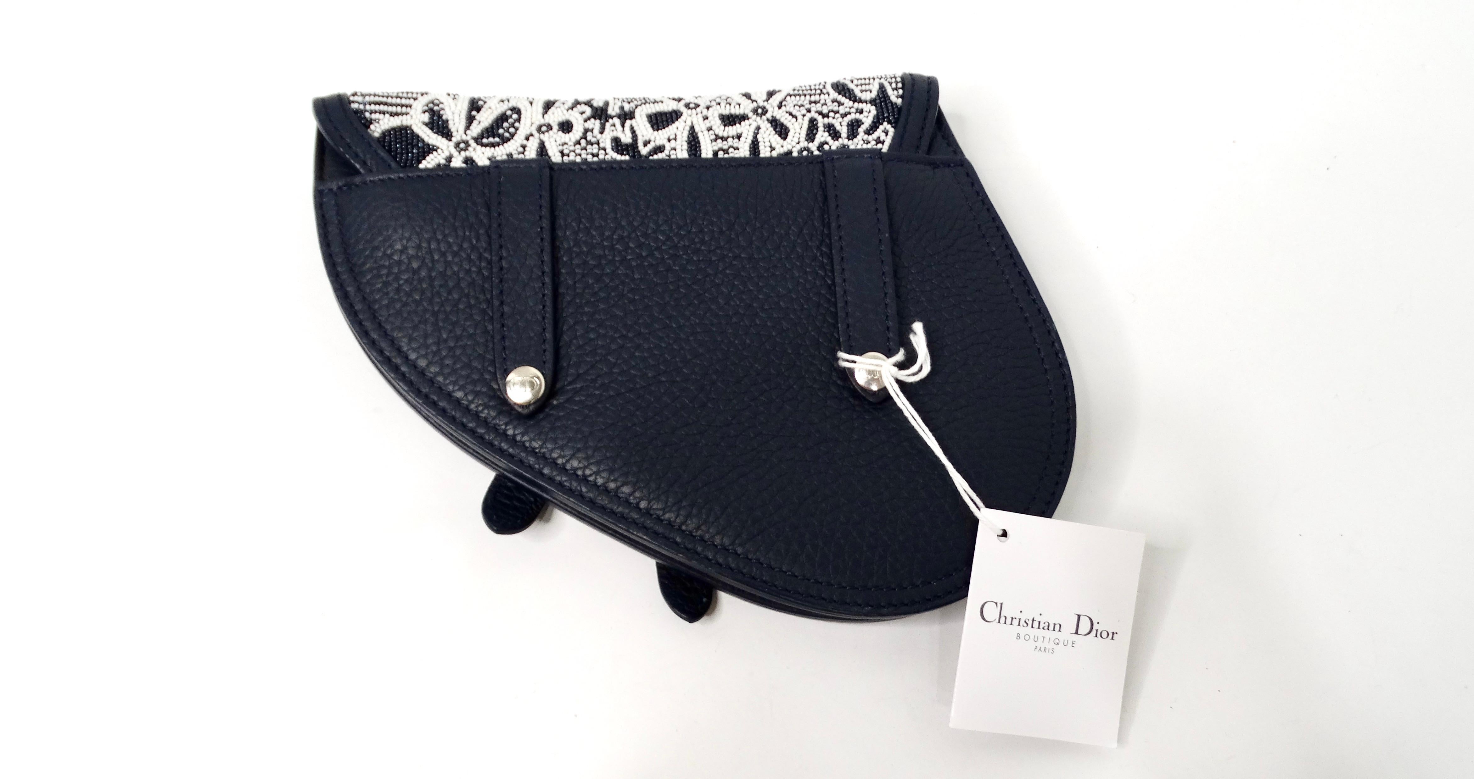 Christian Dior x Shawn Stussy Navy Beaded Grained Calfskin Saddle Belt Bag In Good Condition For Sale In Scottsdale, AZ