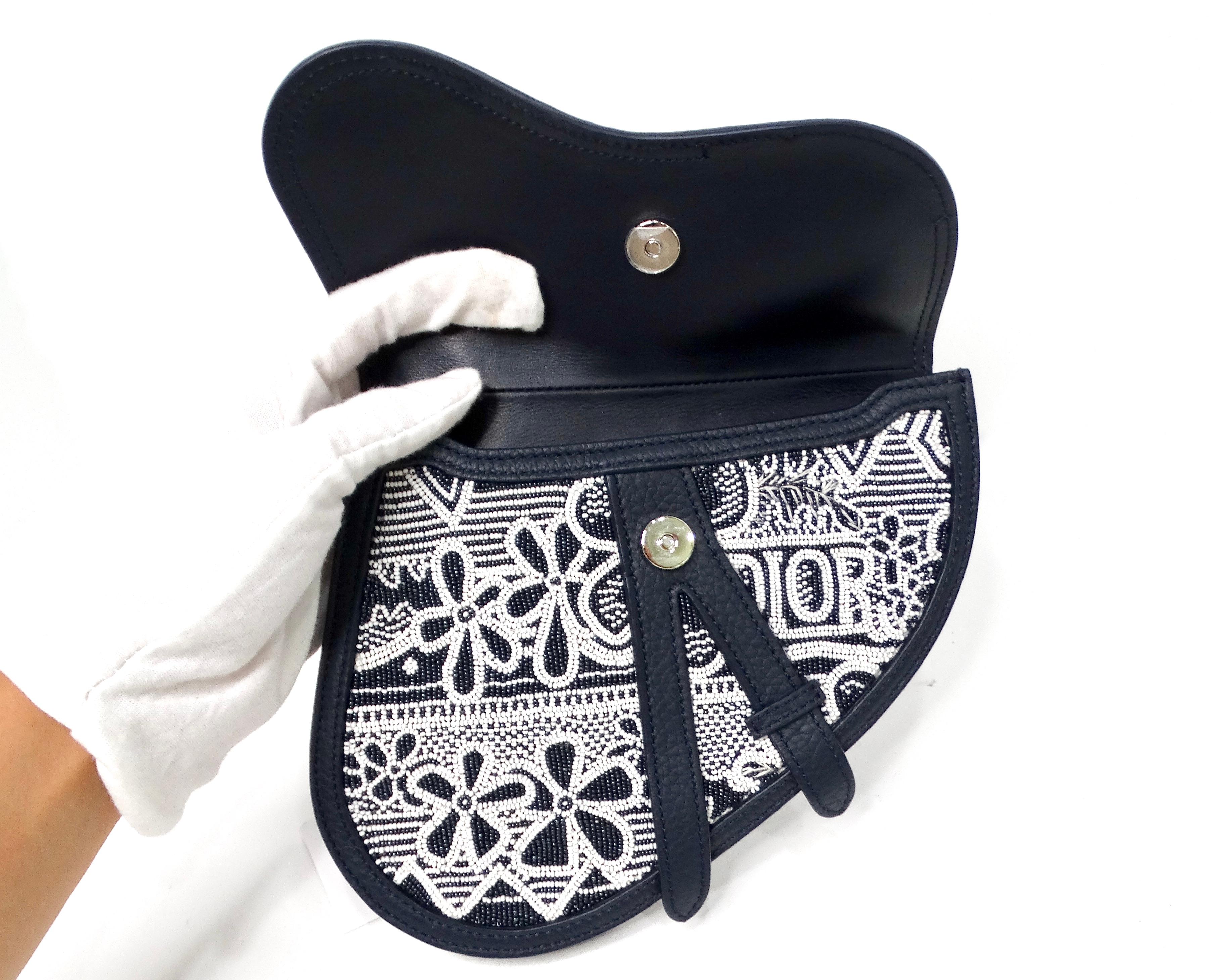 Christian Dior x Shawn Stussy Navy Beaded Grained Calfskin Saddle Belt Bag For Sale 3