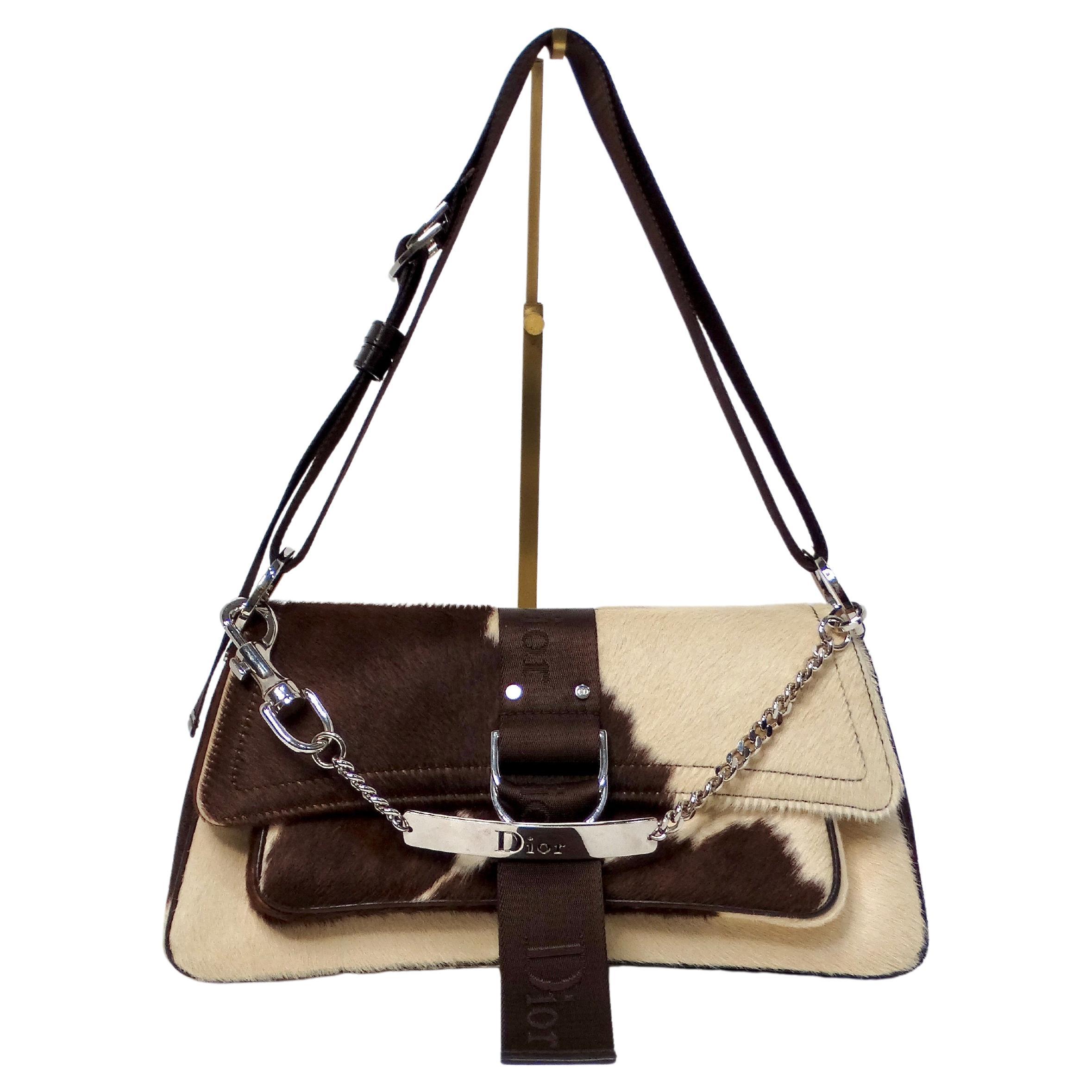 Christian Dior Y2K Brown & Cream Pony Hair Shoulder Bag For Sale
