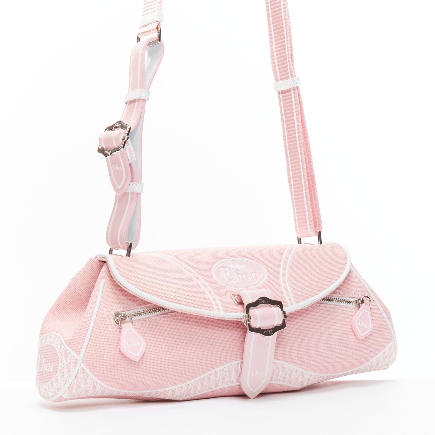 CHRISTIAN DIOR Y2K pink logo monogram trotter canvas shoulder bag In Good Condition For Sale In Hong Kong, NT