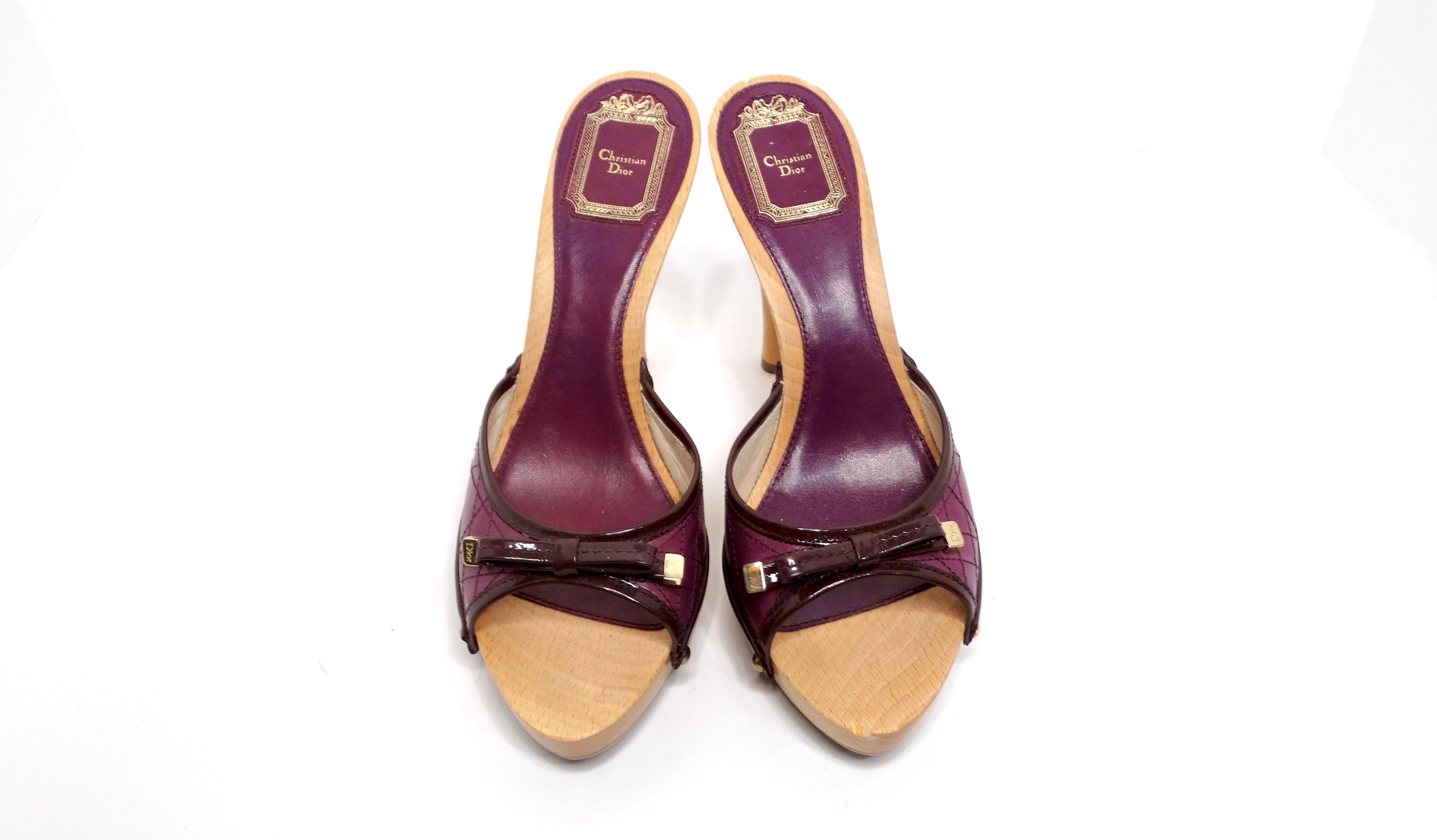 Black Christian Dior Y2K Purple Leather & Wooden Heeled Sandals For Sale