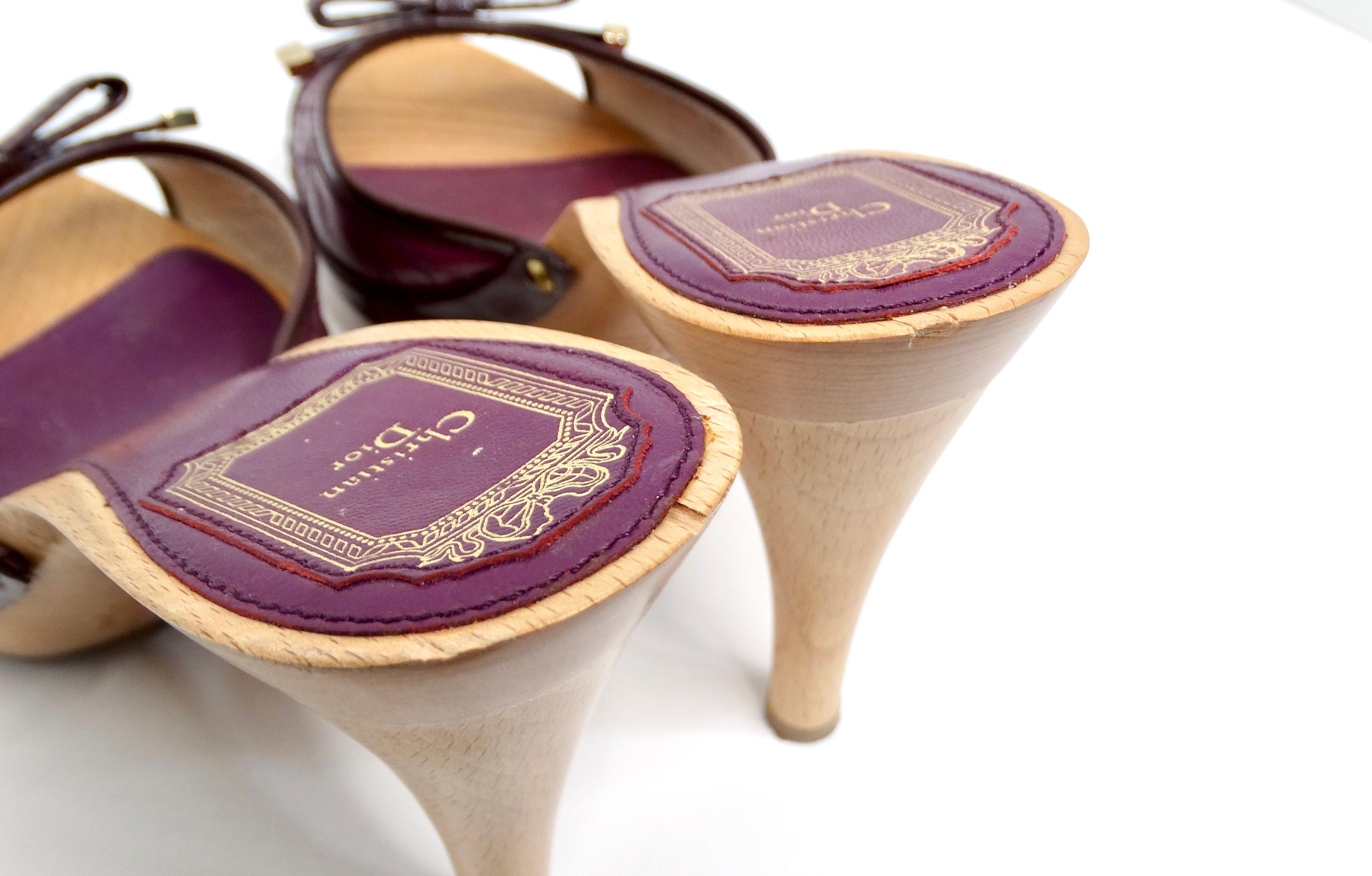 Women's or Men's Christian Dior Y2K Purple Leather & Wooden Heeled Sandals For Sale