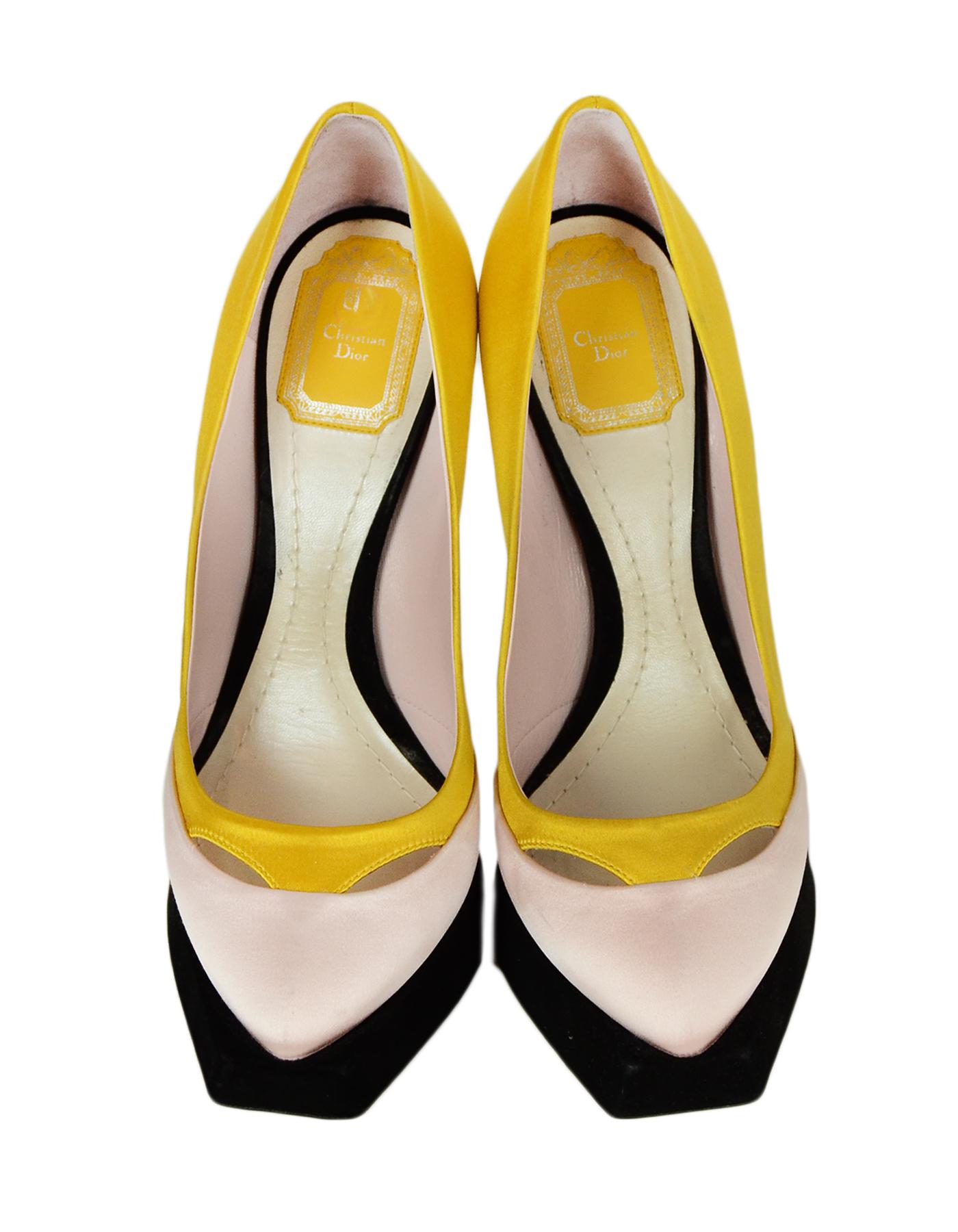 Women's Christian Dior Yellow/Black/Pink Satin Platform Pumps sz 39