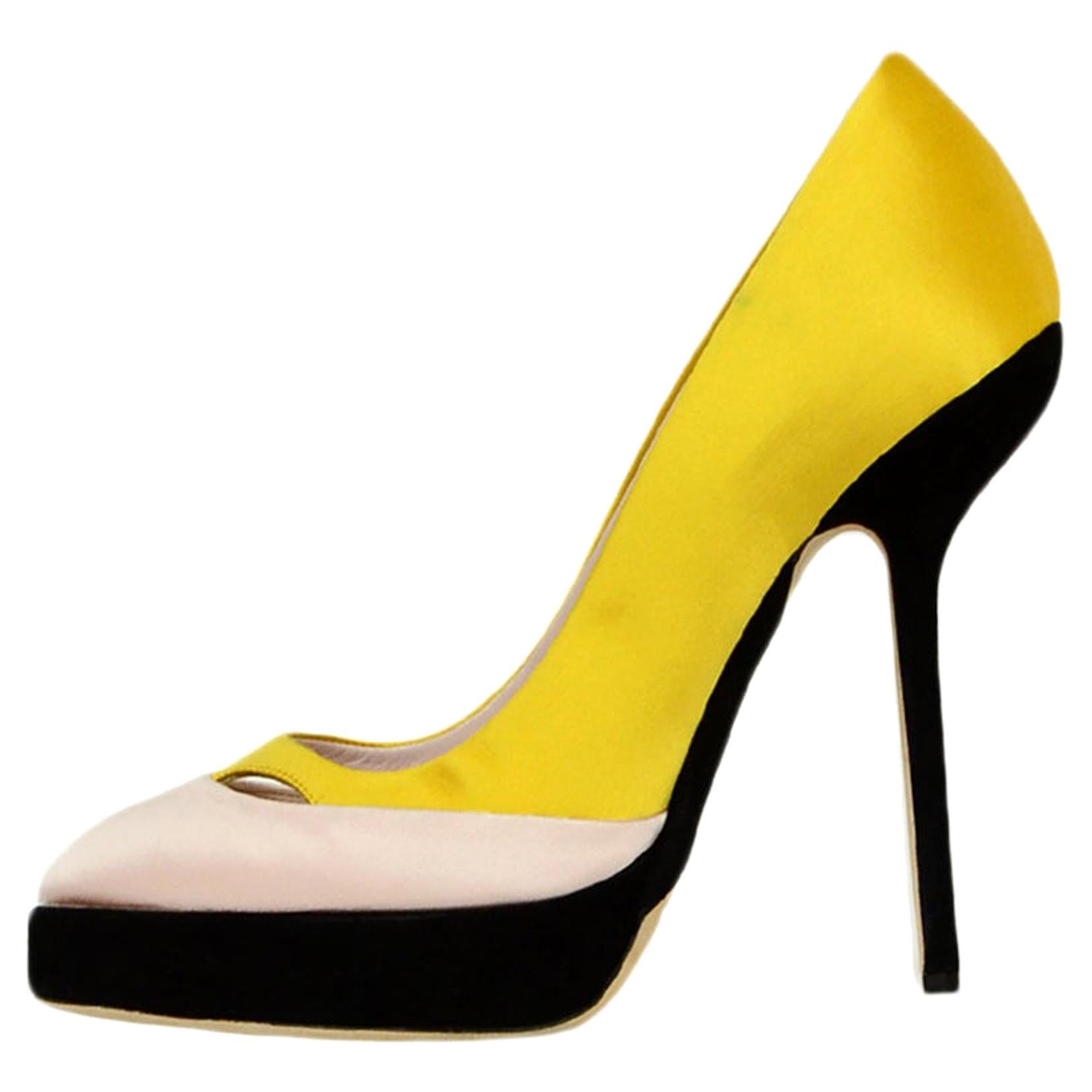 Christian Dior Yellow/Black/Pink Satin Platform Pumps sz 39