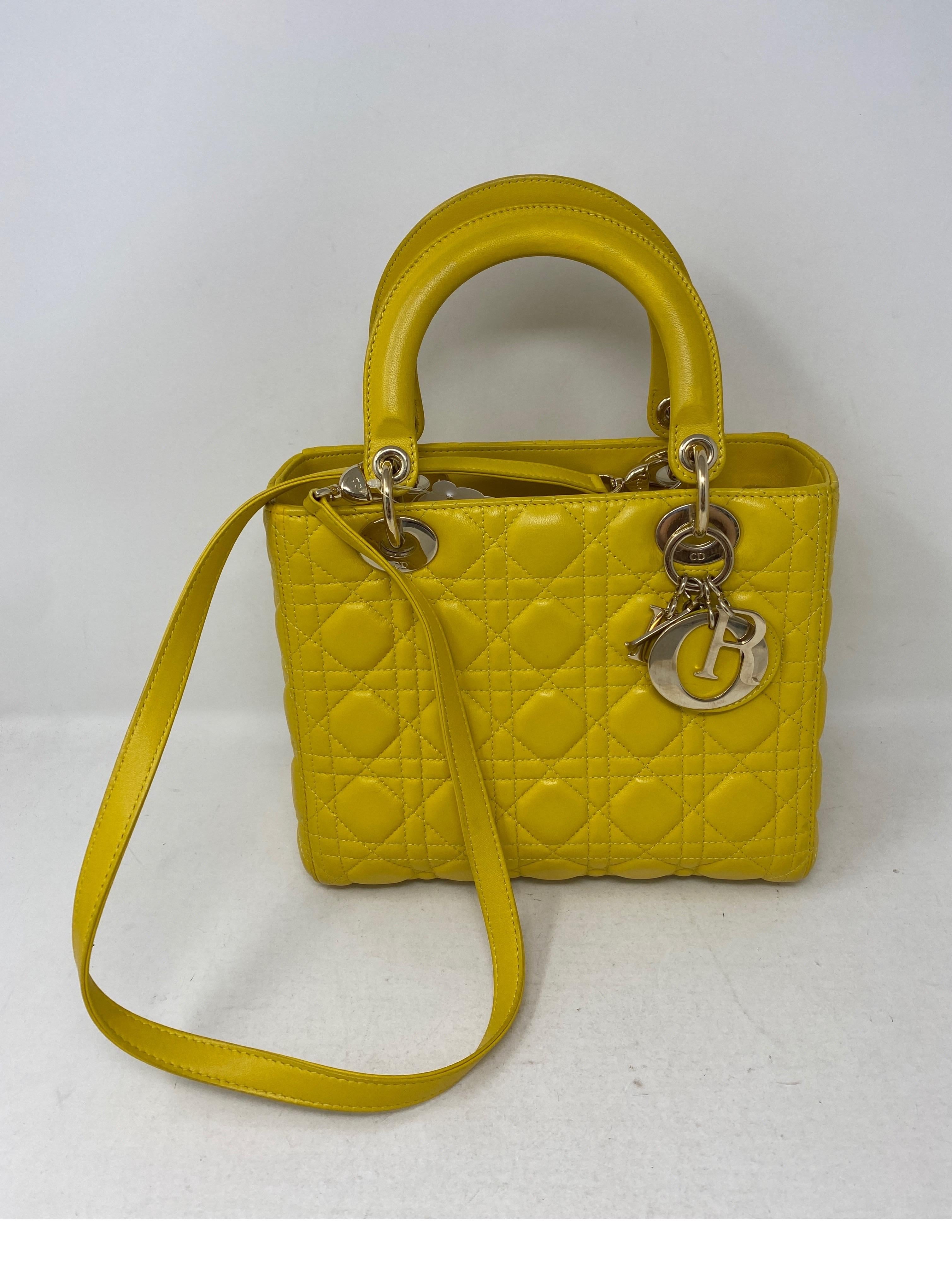 Christian Dior Lady Dior Yellow Bag. Small size Lady bag. Good condition. Bright canary yellow color. Silver hardware. Most wanted size and style by Dior. Guaranteed authentic. 