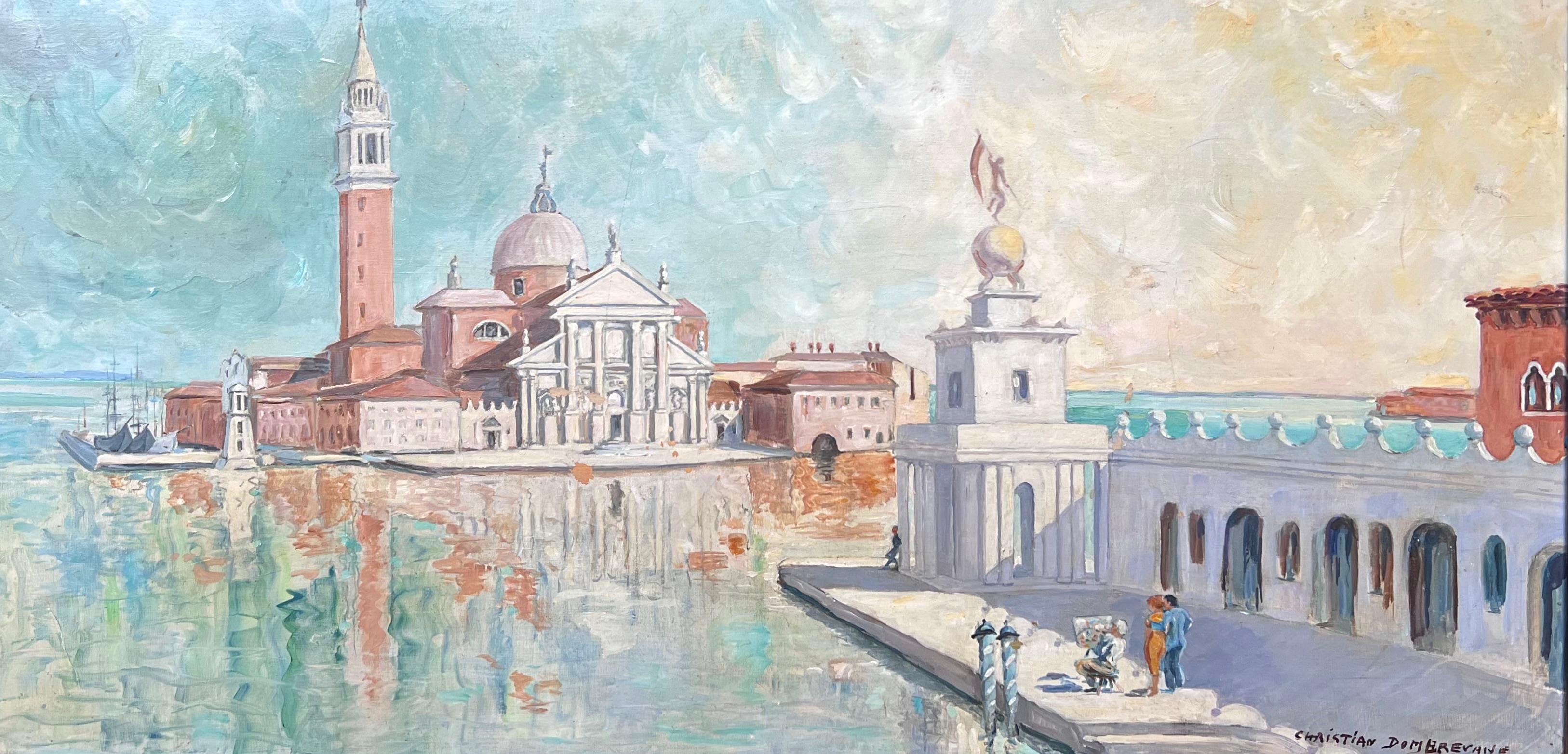 Grande peinture à l'huile signée du canal de Venise, San Giorgio Maggiore, 20ème siècle - Painting de Christian Dombrevane