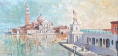 Huge Signed Oil Painting Venice Canal San Giorgio Maggiore 20th Century