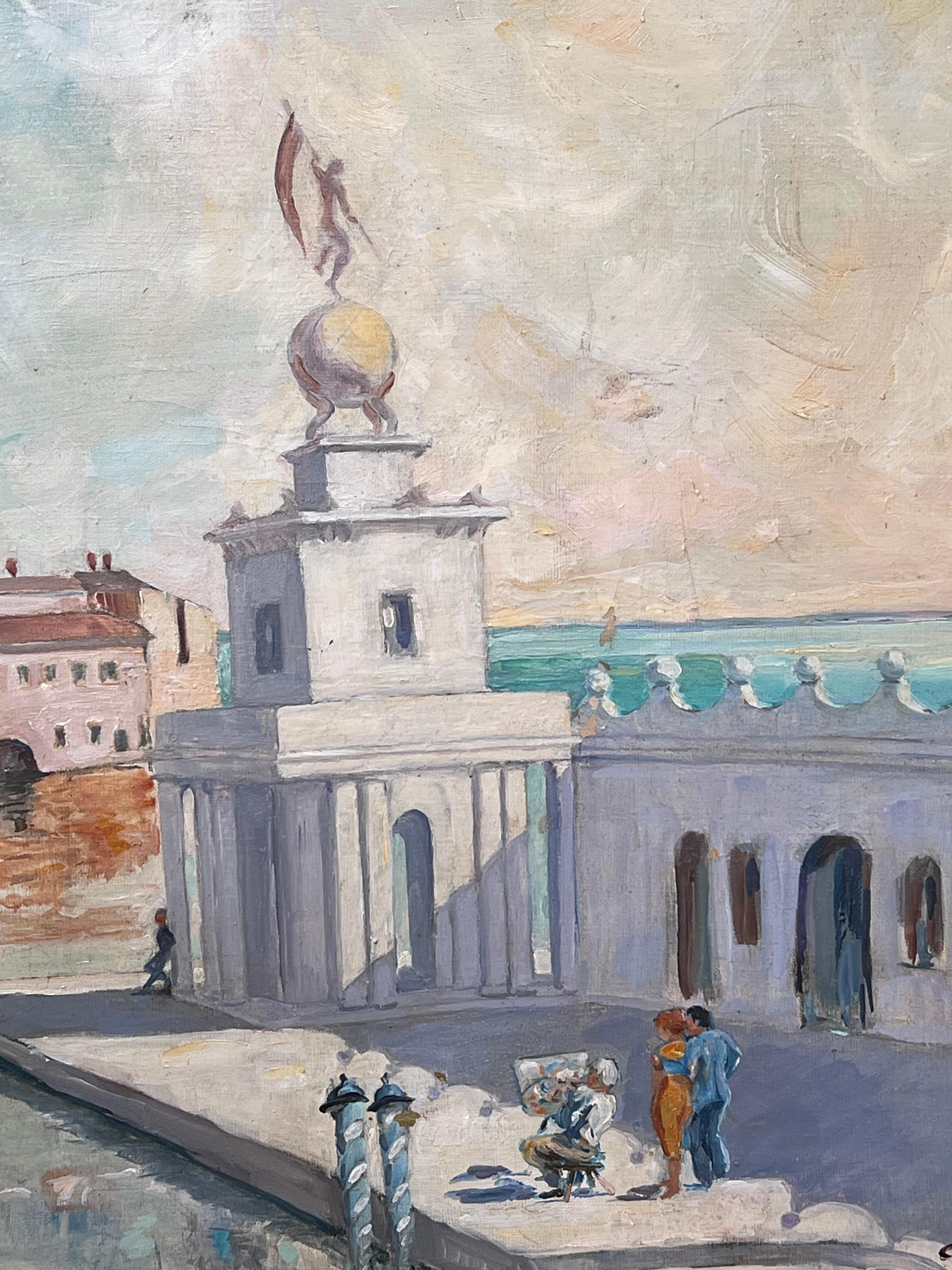Grande peinture à l'huile signée du canal de Venise, San Giorgio Maggiore, 20ème siècle - Gris Figurative Painting par Christian Dombrevane