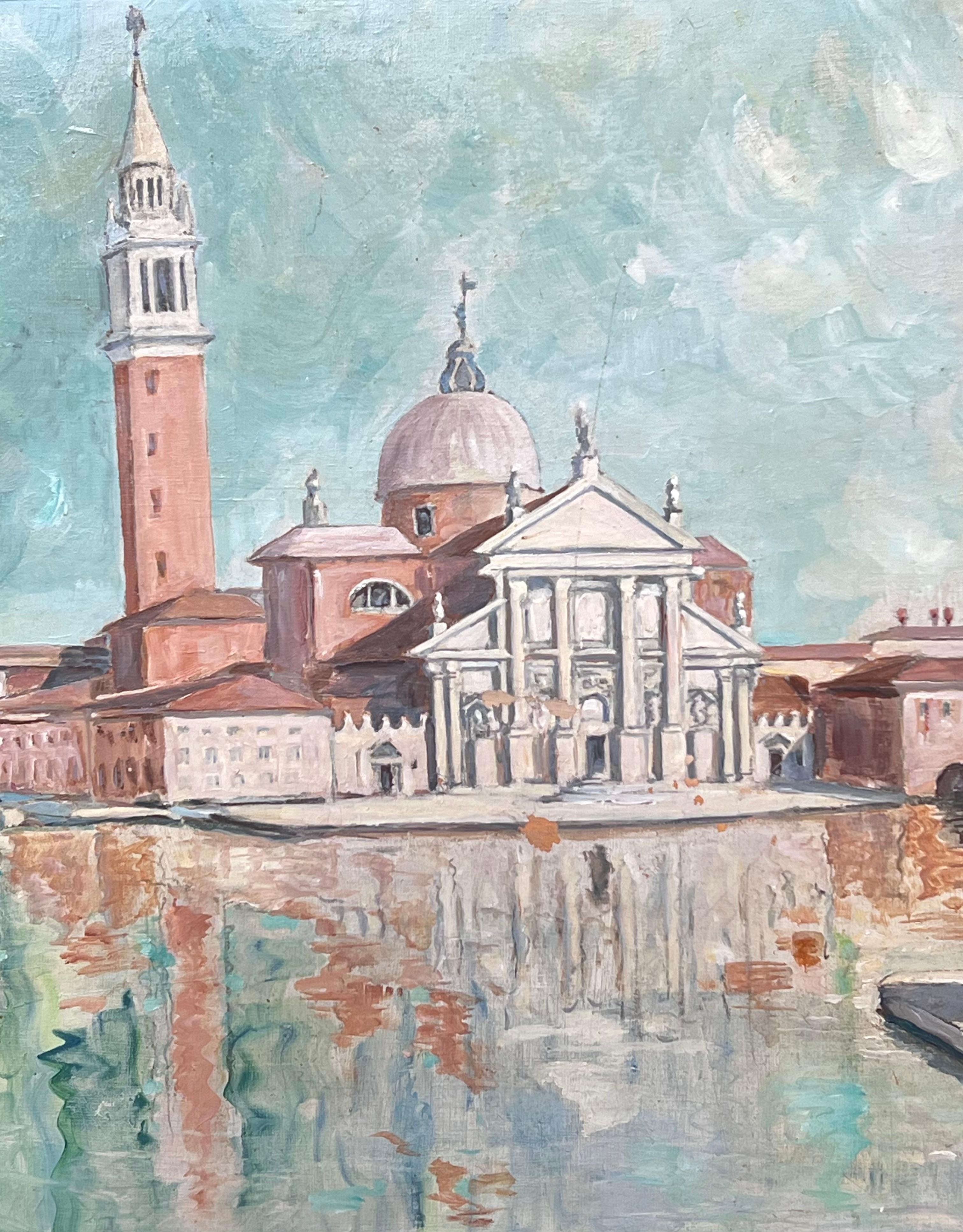 Le peintre devant San Giorgio Maggiore, Venise
Christian Dombrevane (école française)
huile sur toile signée, encadrée 
encadré : 19 x 35 pouces
toile : 16 x 31 pouces
inscrit au verso
Collectional : collection privée
Condit : le tableau présente