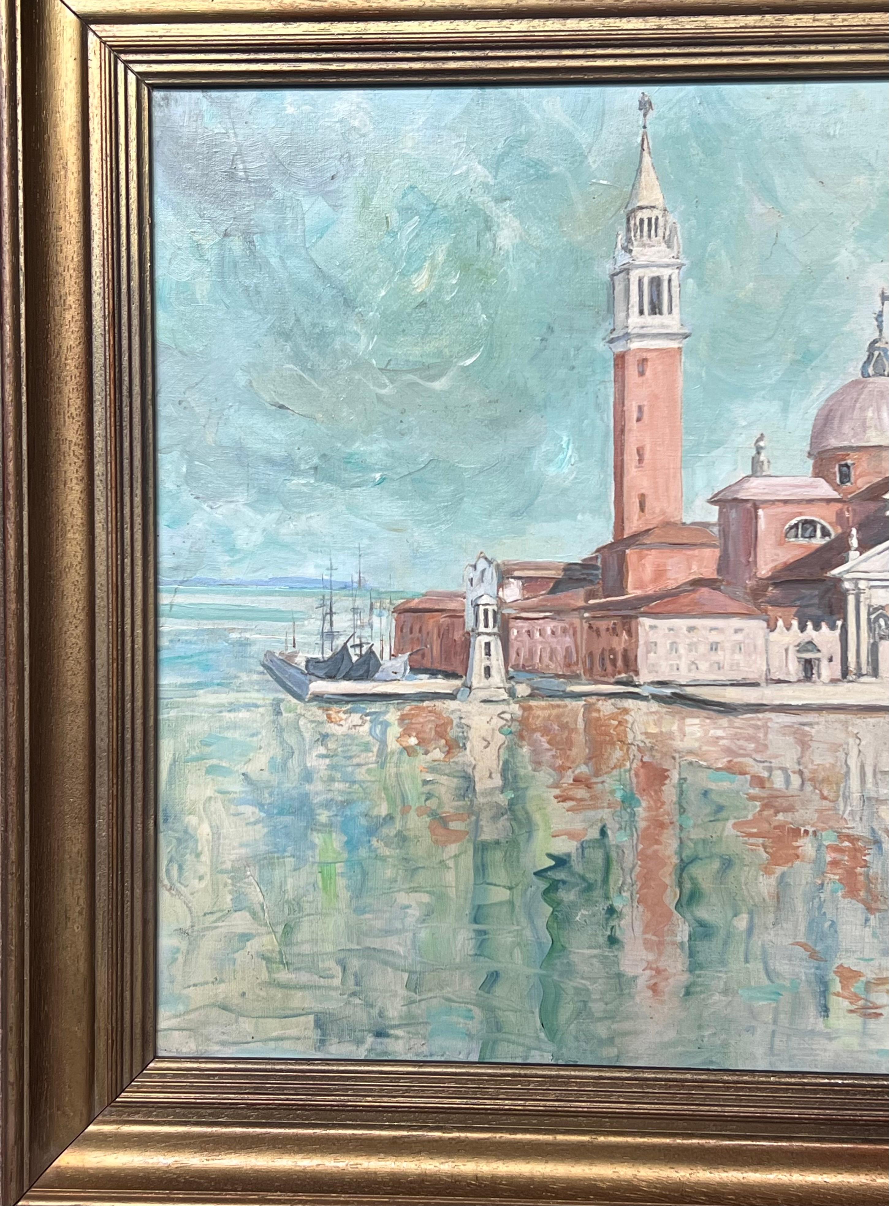 Grande peinture à l'huile signée du canal de Venise, San Giorgio Maggiore, 20ème siècle en vente 1
