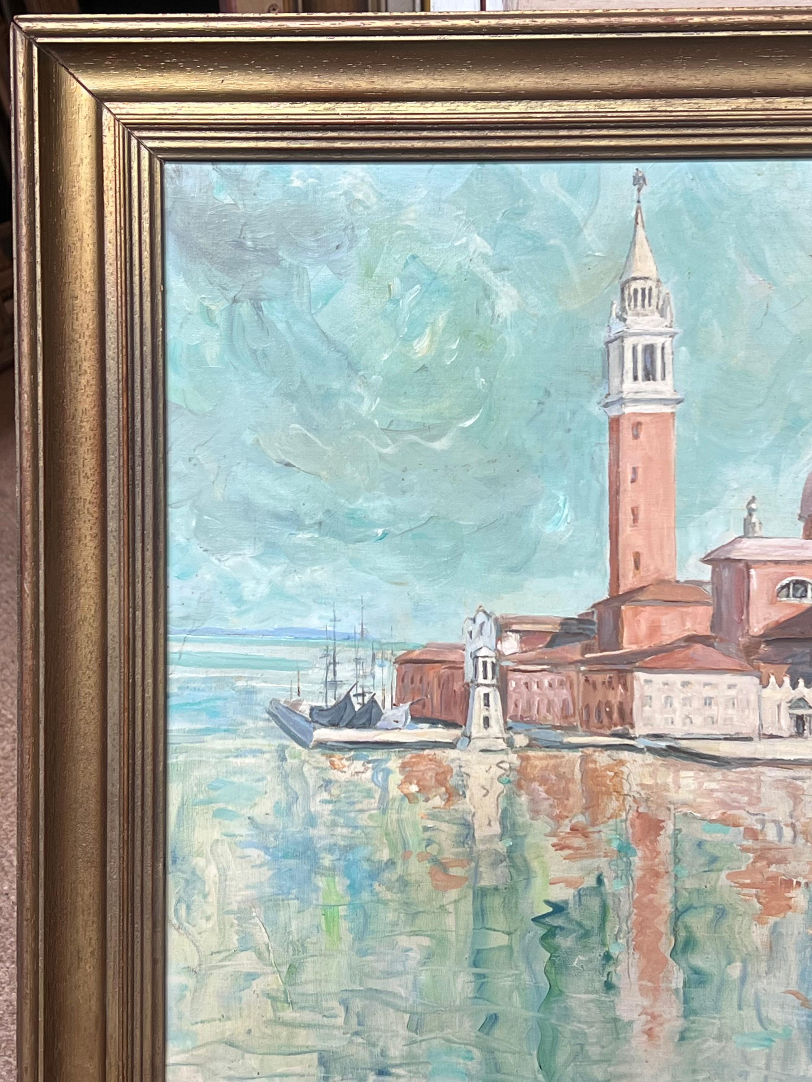 Grande peinture à l'huile signée du canal de Venise, San Giorgio Maggiore, 20ème siècle en vente 2