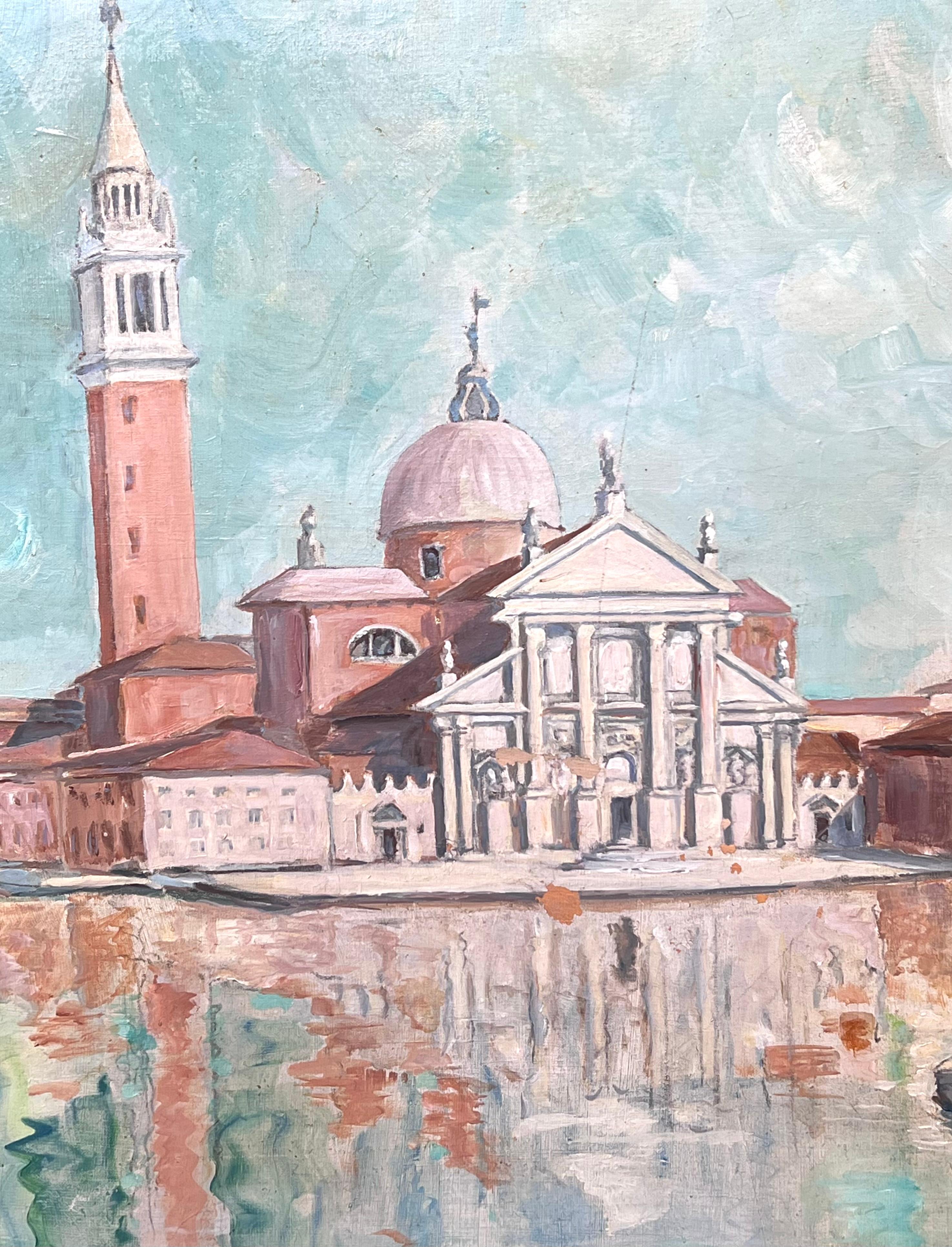 Grande peinture à l'huile signée du canal de Venise, San Giorgio Maggiore, 20ème siècle en vente 3