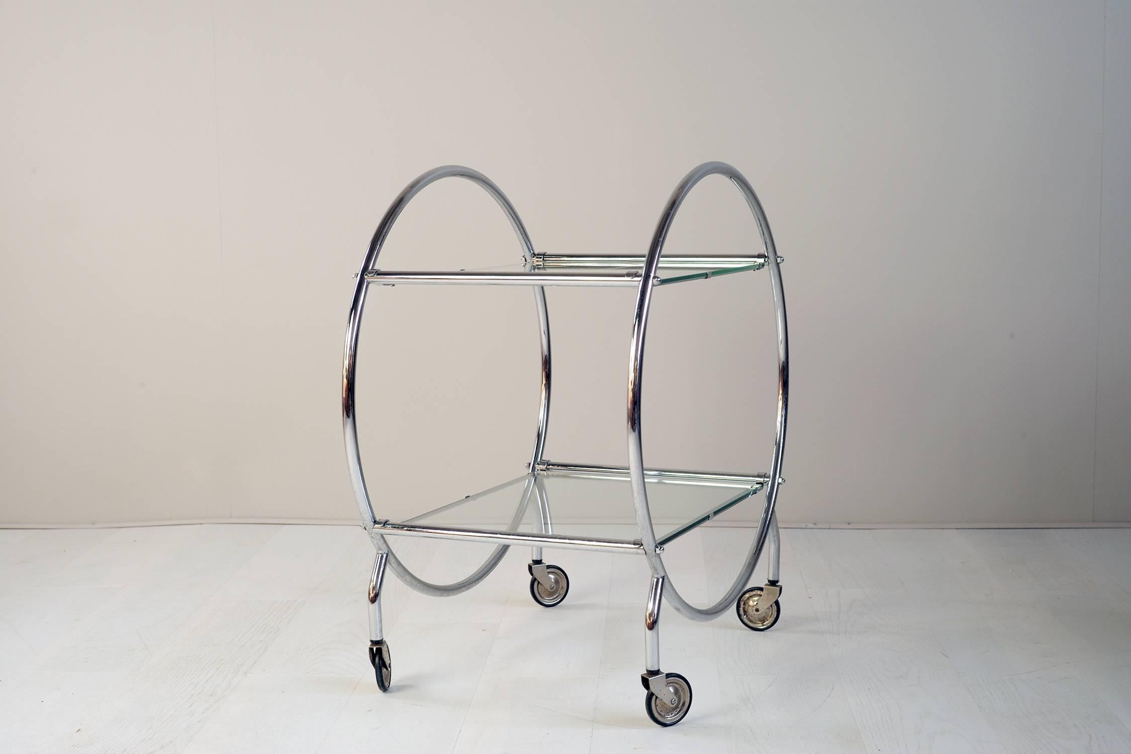 French Christian Duc, Bart Cart in Chromed Metal and Glass, France, 1980