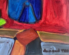 1980's French Modernist Cubist Signed Painting Still Life Fruit & Blue Bottle