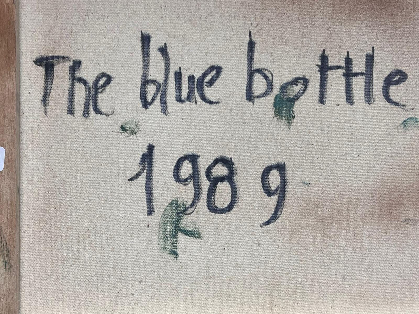 1980's French Modernist Cubist Signed Painting Still Life Fruit & Blue Bottle For Sale 5