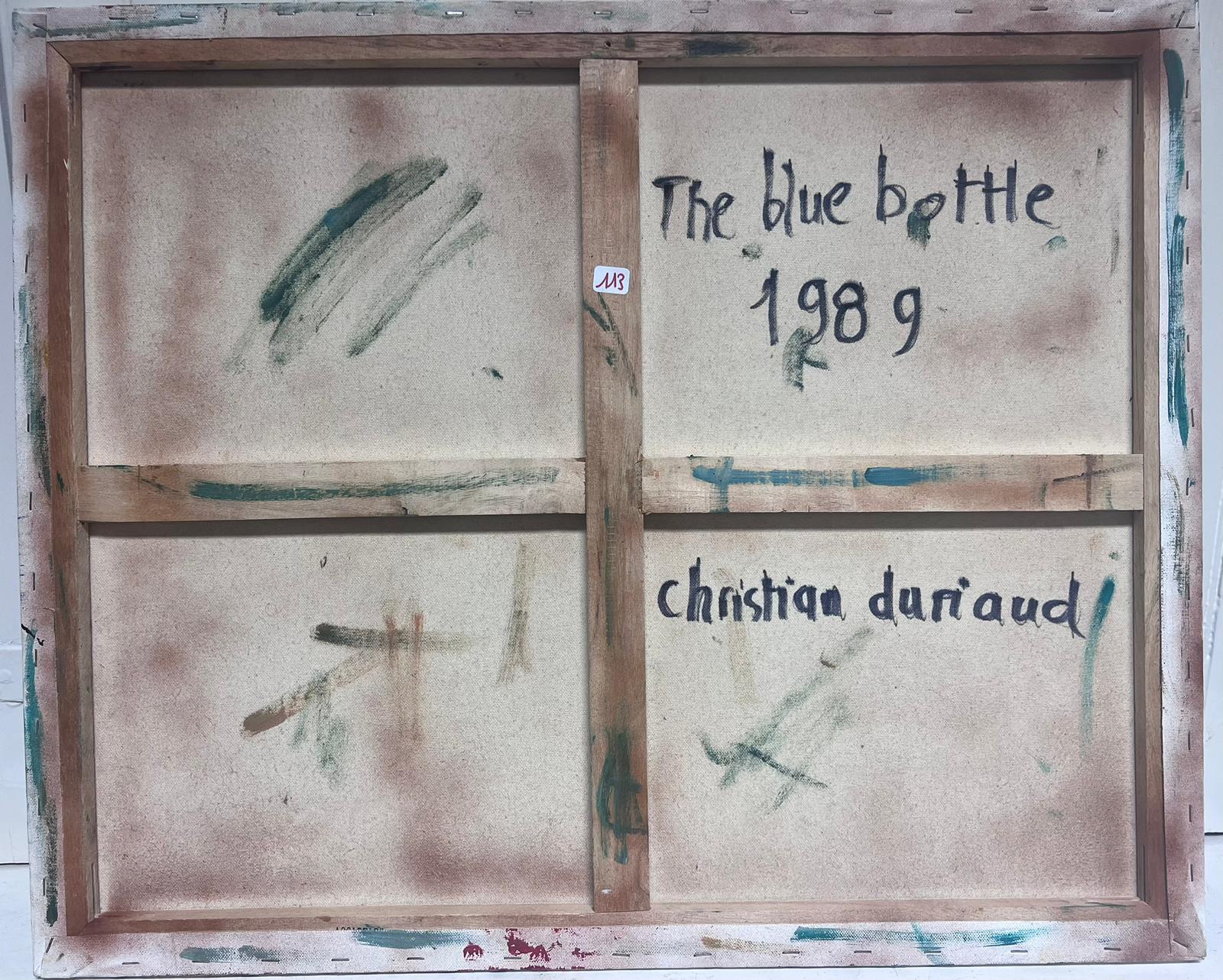 1980's French Modernist Cubist Signed Painting Still Life Fruit & Blue Bottle For Sale 6