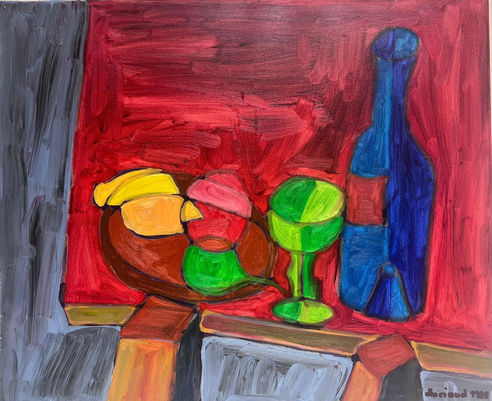 Christian Duriaud Still-Life Painting - 1980's French Modernist Cubist Signed Painting Still Life Fruit & Blue Bottle