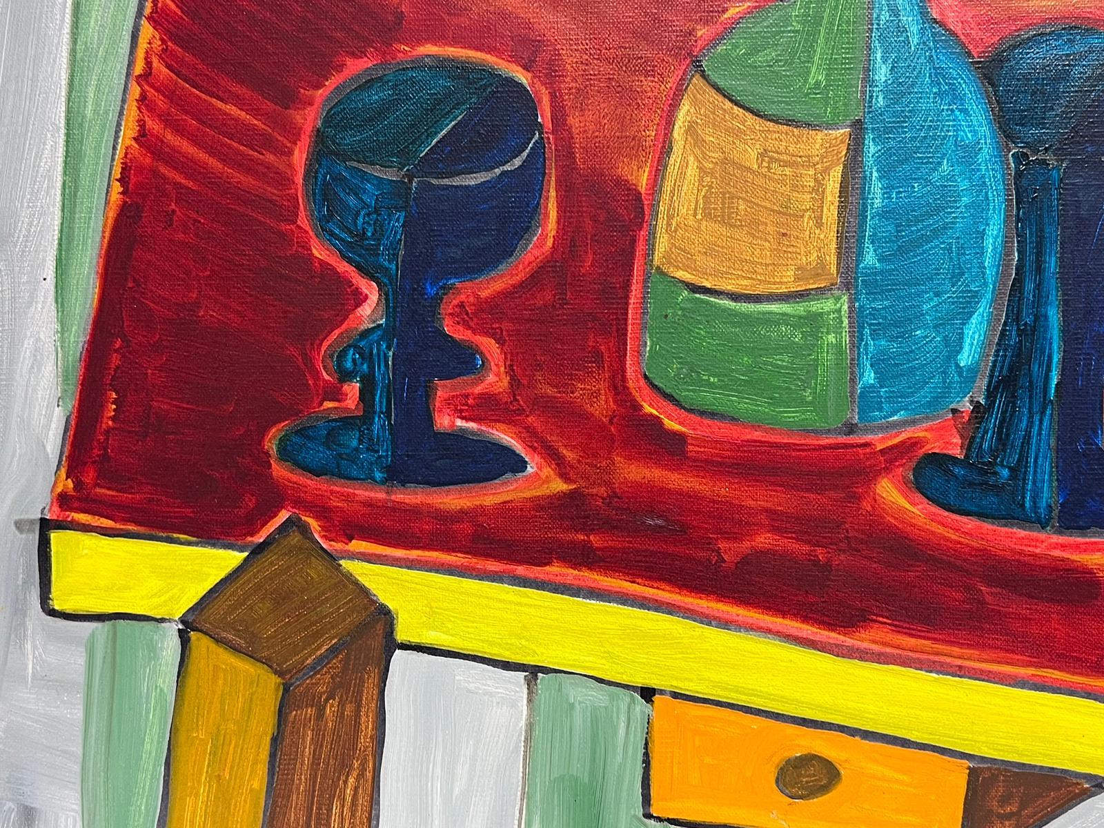Pittura contemporanea francese astratta modernista Natura morta bottiglia di vino e bicchieri - Painting di Christian Duriaud