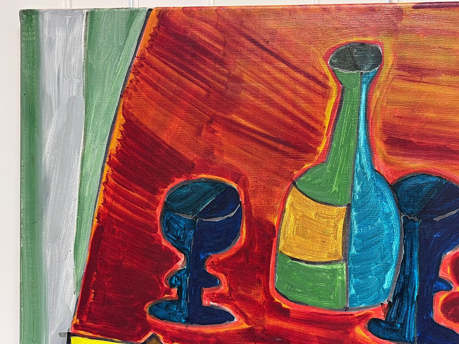 Contemporary French Abstract Modernist Painting Still Life Weinflasche & Gläser im Angebot 1