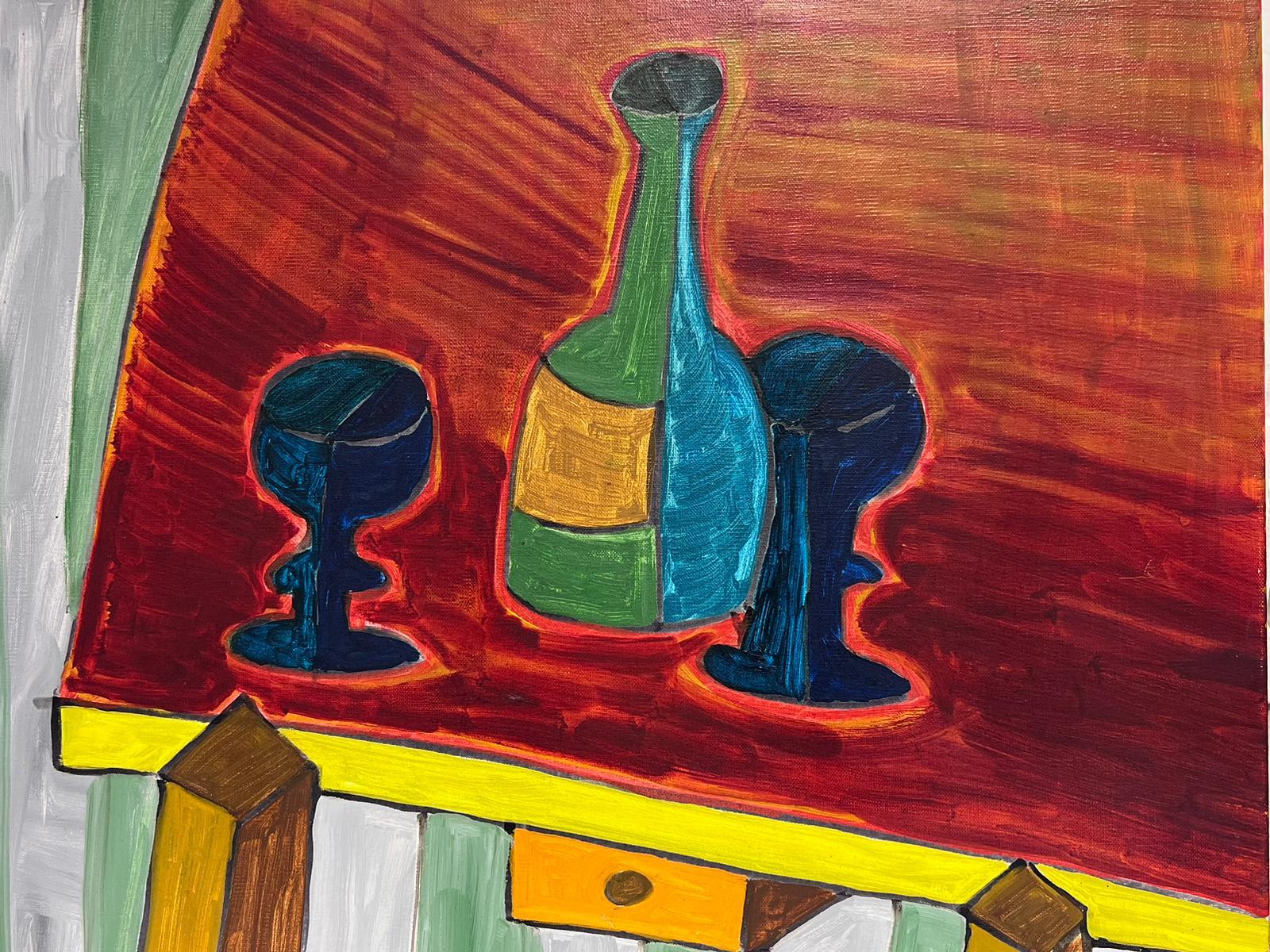 Contemporary French Abstract Modernist Painting Still Life Wine Bottle & Glasses - Brown Abstract Painting by Christian Duriaud